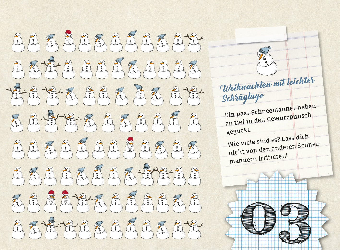 Gezeigt wird eine Innen- oder Zusatzansicht von „Der ultimativ knifflige Advents-Rätsel-Kalender“. Die Abbildung zeigt eine Vielzahl von Schneemännern in unterschiedlichen Positionen, die in einem rasterartigen Layout angeordnet sind. Jeder Schneemann hat eine eigene Mütze oder einen Schal und lächelt. Rechts neben den Schneemännern befindet sich ein kariertes Notizblatt mit der Aufschrift „Weihnachten mit leichter Schräglage“. Die Schrift ist verspielt und informell, in blauen...