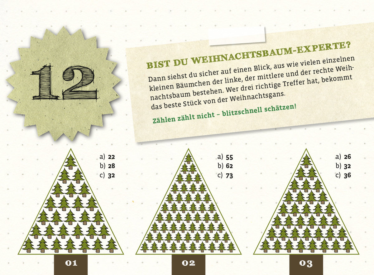 Gezeigt wird eine Innen- oder Zusatzansicht von „Der ultimativ knifflige Advents-Rätsel-Kalender“. Die Darstellung zeigt die Zahl 12 in einem eckigen, grünlichen Element. Darunter befindet sich eine Frage zum Schätzen der Anzahl kleiner Weihnachtsbäume in drei grafisch dargestellten Weihnachtsbaum-Silhouetten. Diese sind in unterschiedlichen Grüntönen gehalten und auf hellem Hintergrund angeordnet. Darauf basierende Antwortmöglichkeiten sind in zwei Auswahlkästen als a), b) und c)...