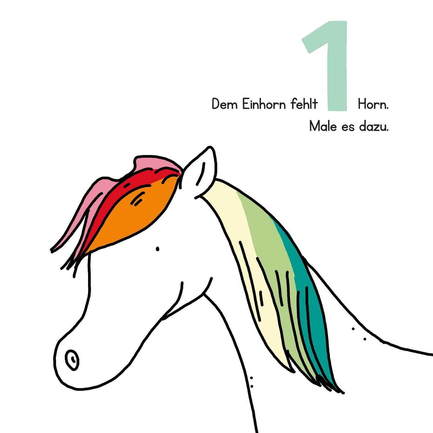 Gezeigt wird eine Innen- oder Zusatzansicht von „Lernraupe – Mein Kritzelbuch Zahlen“. Die Illustration zeigt ein Einhorn mit buntem, gestreiftem Haar in warmen Pastellfarben. Die Zahl „1“ ist prominent in hellgrün oben rechts platziert. Der Text darunter lautet: „Dem Einhorn fehlt 1 Horn. Male es dazu.“ Die klare, spielerische Typografie fördert die Interaktivität und den kreativen Ausdruck.