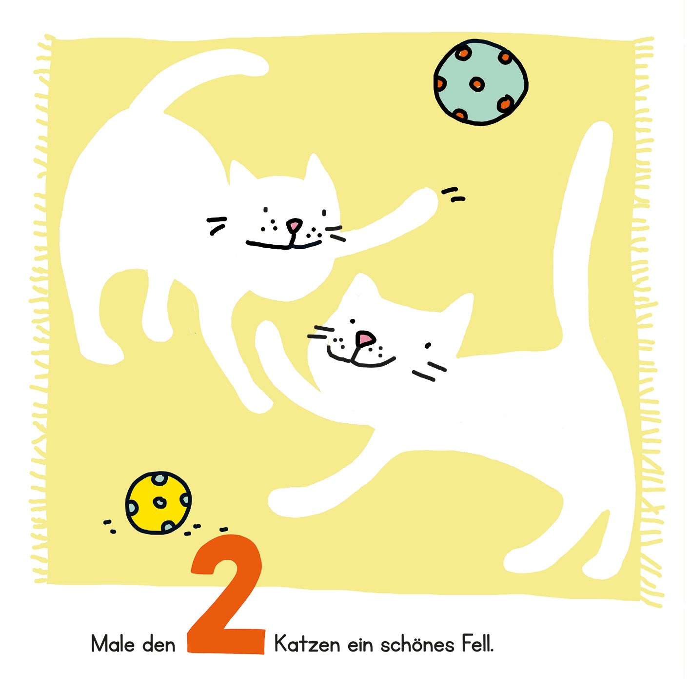 Gezeigt wird eine Innen- oder Zusatzansicht von „Lernraupe – Mein Kritzelbuch Zahlen“. Die Seite präsentiert zwei niedliche weiße Katzen auf einem gelben Hintergrund, die verspielt miteinander interagieren. Verschiedene bunte Bälle sind im Bild verteilt, und die große, rote Zahl „2“ steht prominent im Vordergrund. Die Schrift ist klar und gut lesbar, ideal für Kinder. Der einfache, fröhliche Stil und die leuchtenden Farben fördern die Kreativität und Spaß beim Lernen.