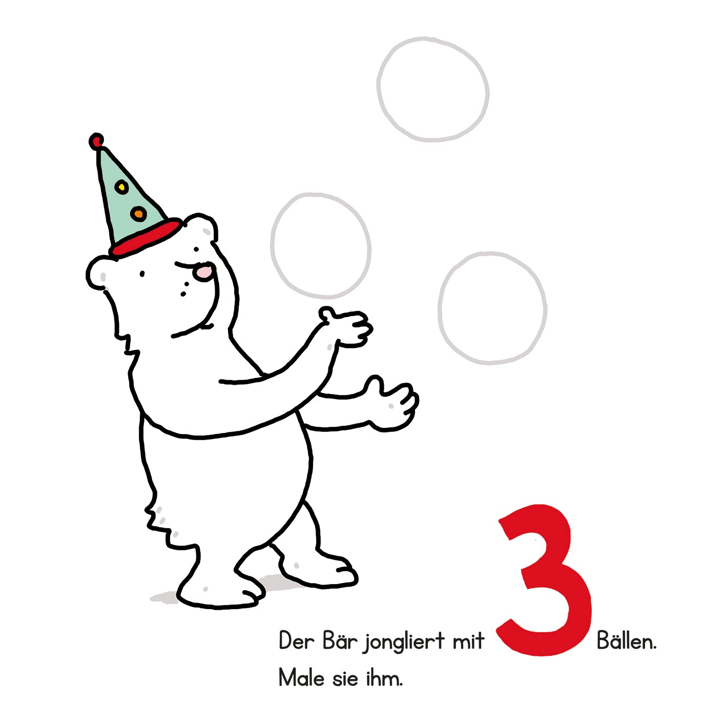 Gezeigt wird eine Innen- oder Zusatzansicht von „Lernraupe – Mein Kritzelbuch Zahlen“. Das Bild zeigt einen fröhlichen, weißen Bären mit einer bunten Party-Mütze, der mit seinen Pfoten drei unsichtbare Bälle jongliert. Unterhalb des Bären steht die Aufforderung „Der Bär jongliert mit 3 Bällen. Male sie ihm.“ in einer klaren, gut lesbaren Schrift. Die Zahlen sind rot und auffällig, während der Hintergrund schlicht gehalten ist, um die Illustration hervorzuheben.