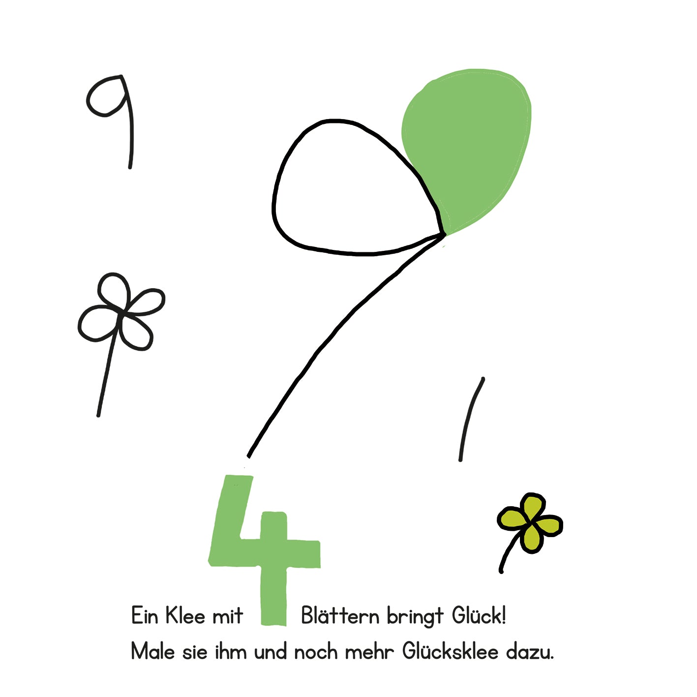 Gezeigt wird eine Innen- oder Zusatzansicht von „Lernraupe – Mein Kritzelbuch Zahlen“. Die Seite ist in sanften Farben gehalten, hauptsächlich in Weiß, Hellgrün und Gelb. Oben sind die Ziffern „4“ und „9“ künstlerisch platziert. Ein großer, ovaler Luftballon in Hellgrün schwebt über einem Kleeblatt mit vier Blättern, das Glück symbolisiert. Unterhalb der Illustrationen steht in klarer, kindgerechter Schrift der Text „Ein Klee mit Blättern bringt Glück! Male sie ihm...