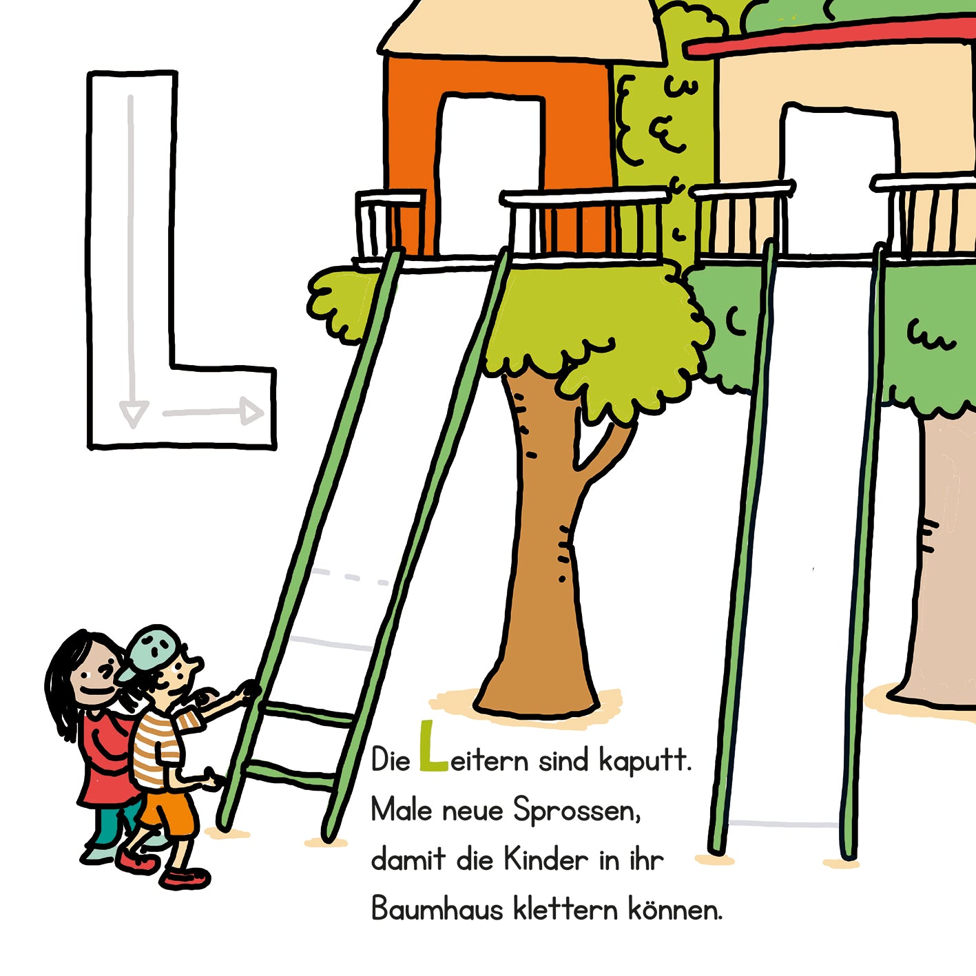 Gezeigt wird eine Innen- oder Zusatzansicht von „Lernraupe – Mein Kritzelbuch Buchstaben“. Die Illustration zeigt zwei Kinder im Vordergrund, die an einer kaputten Leiter stehen. Links ist ein großes, grünes „L“ zu sehen, während im Hintergrund ein Baumhaus in leuchtenden Farben wie orange und grün abgebildet ist. Der Text am unteren Rand fordert die Aufforderung: „Male neue Sprossen, damit die Kinder in ihr Baumhaus klettern können.“ Die fröhliche Schriftart unterstützt...