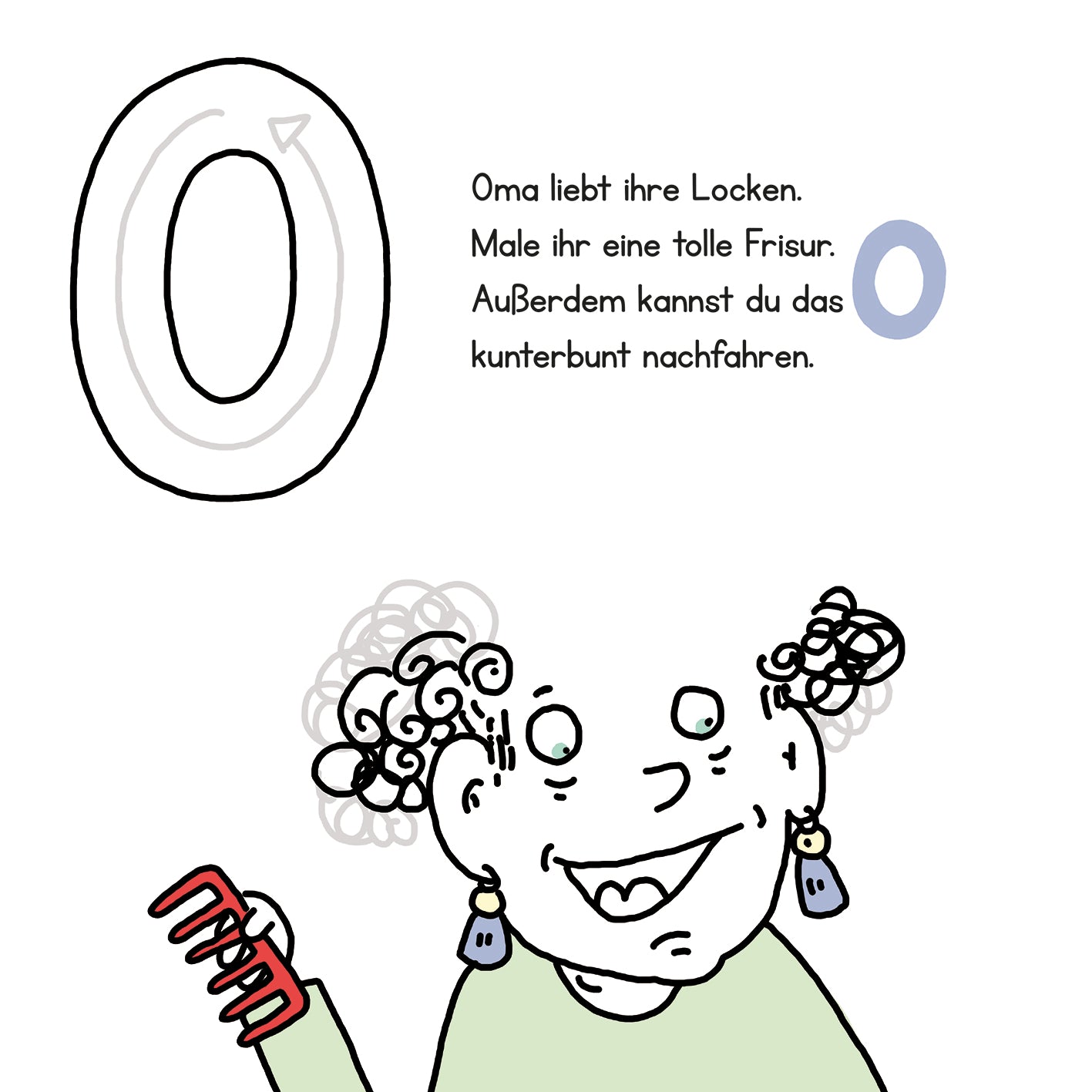 Gezeigt wird eine Innen- oder Zusatzansicht von „Lernraupe – Mein Kritzelbuch Buchstaben“. Im Vordergrund steht die große, geschwungene Zahl „0“ in dunkler Umrandung. Daneben ist eine fröhliche, cartoonhafte Oma mit lockigem, grauem Haar, die einen roten Kamm hält. Ihre Ohrringe sind blau und sie trägt ein grünes Oberteil. Die Schrift ist klar und freundlicherweise in Schwarz und Blau gehalten, mit einer einladenden, spielerischen Typografie.