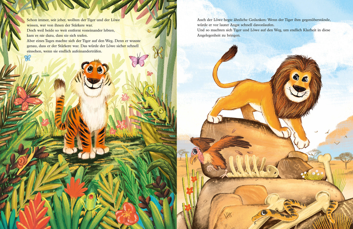 Gezeigt wird eine Innen- oder Zusatzansicht von „Wenn zwei sich streiten“. Auf der linken Seite ist ein fröhlicher Tiger in einem bunten Dschungel mit grünen Blättern und bunten Schmetterlingen abgebildet. Der Tiger blickt neugierig zur Seite. Die rechte Seite zeigt einen stolzen Löwen auf einem steinigen Vorsprung, umgeben von Knochen und einer krauses Feder. Die Illustrationen sind lebhaft und in warmen Farben gehalten, mit klarer, verspielter Schrift in kindgerechter Typografie.
