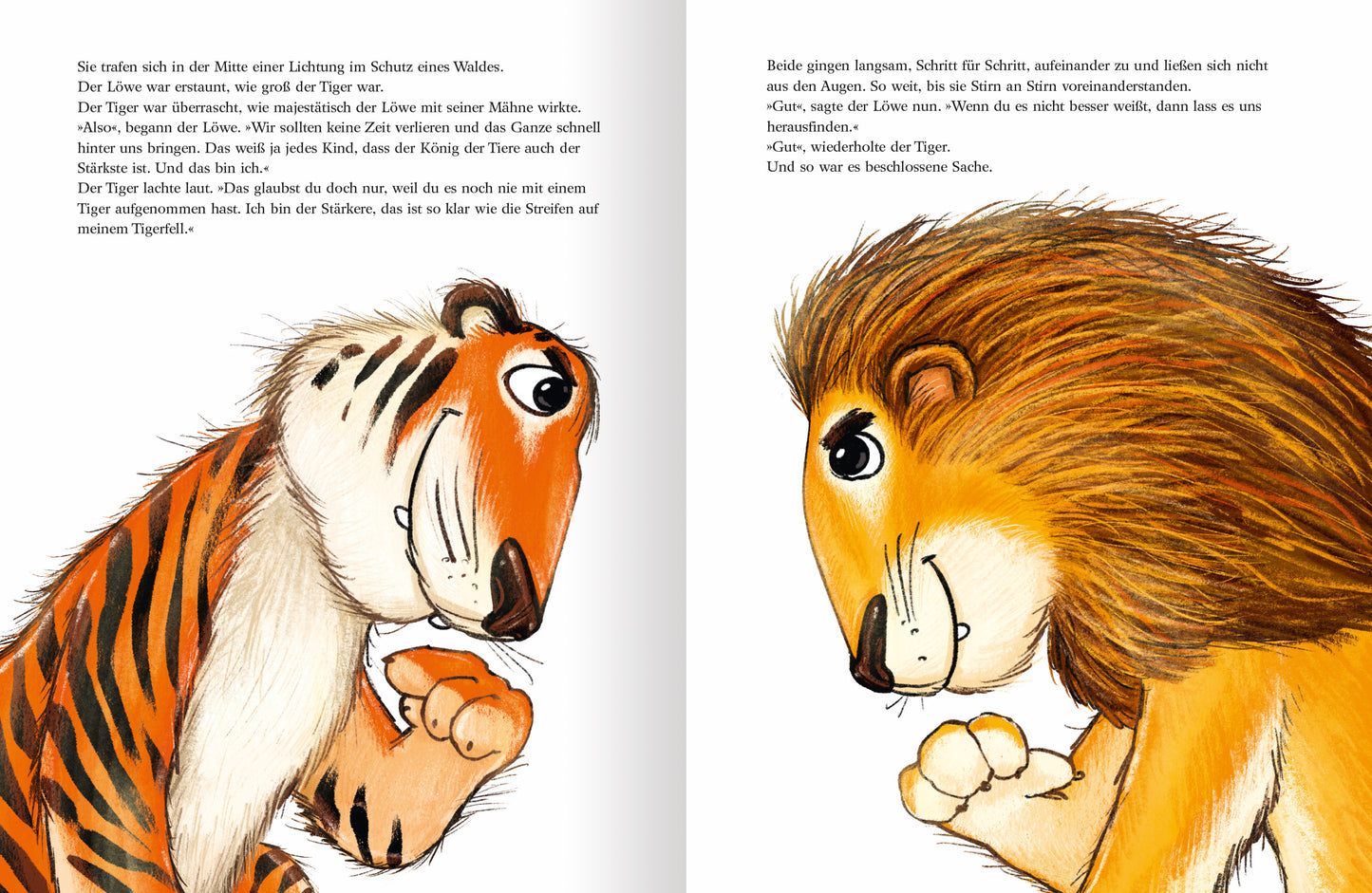 Gezeigt wird eine Innen- oder Zusatzansicht von „Wenn zwei sich streiten“. Die Illustration zeigt einen Tiger links, der orange und schwarz gestreift ist, mit einem schelmischen Gesichtsausdruck. Rechts befindet sich ein Löwe mit einer goldenen Mähne und einem ernsten Ausdruck. Die Farbpalette ist lebhaft, mit kräftigen, warmen Tönen, die die Emotionen der Tiere unterstreichen. Die Typografie ist kindgerecht und gut lesbar, die Texte sind in klaren, dunklen Buchstaben gehalten, um die...