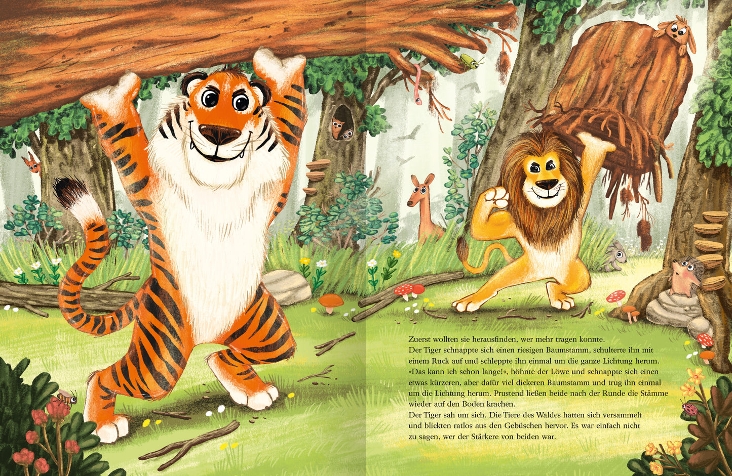 Gezeigt wird eine Innen- oder Zusatzansicht von „Wenn zwei sich streiten“. Die Illustration zeigt einen lebhaften, bunten Wald mit zwei charakteristischen Tieren, einem Tiger und einem Löwen, die lebhaft miteinander interagieren. Der Tiger mit orange-gestreiftem Fell hebt einen Baumstamm oben über seinem Kopf, während der Löwe mit goldgelbem Fell grinsend daneben steht. Der Hintergrund ist reich an grünen Bäumen und bunten Blumen, was eine fröhliche, einladende Atmosphäre schafft....