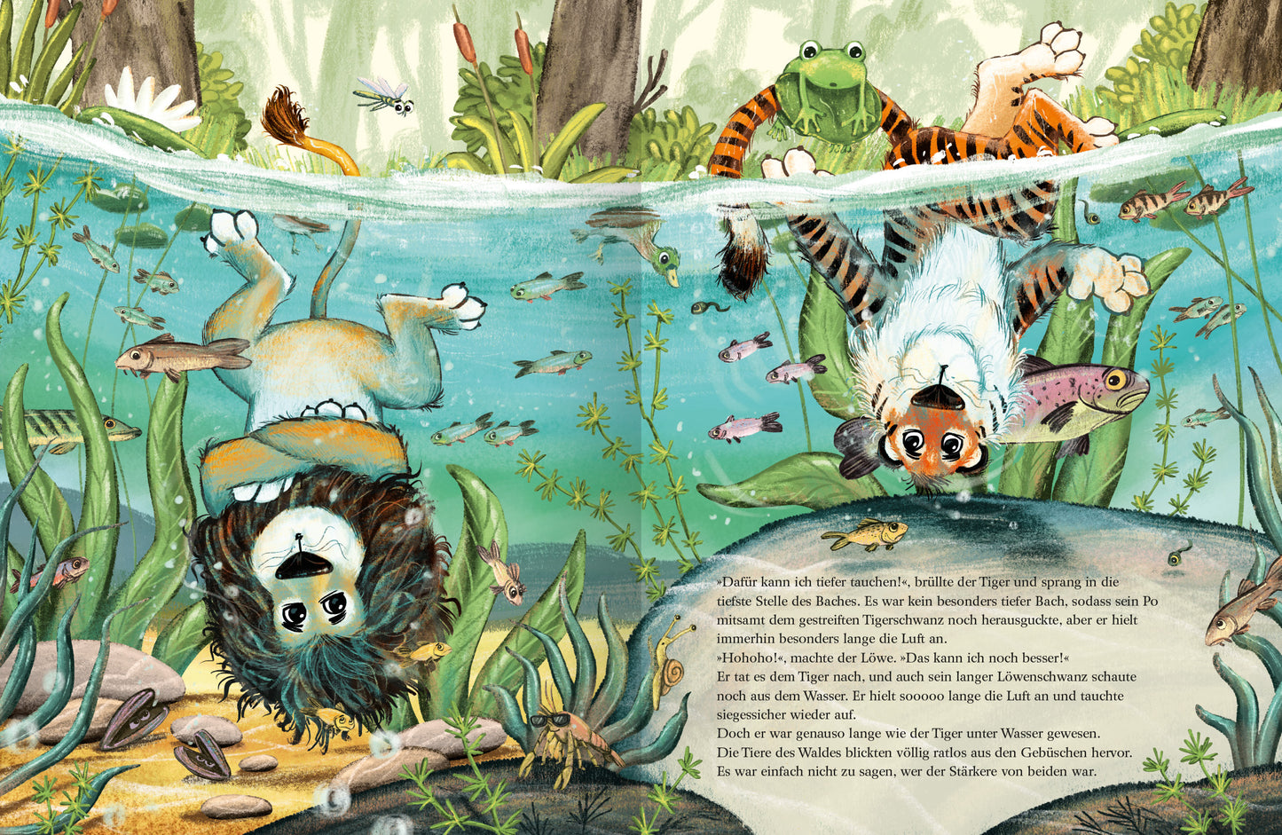 Gezeigt wird eine Innen- oder Zusatzansicht von „Wenn zwei sich streiten“. Die Illustration zeigt eine unter Wasser gelegene Szenerie mit einem Löwen und einem Tiger, die auf dem Rücken schwimmen. Beide Tiere haben freundliche Gesichter und sind von bunten Fischen und Pflanzen umgeben. Die Farben sind lebhaft, mit verschiedenen Grüntönen und warmen Farben für die Tiere. Der Text ist in einer verspielten, gut lesbaren Schriftart in hellen Farben am unteren Rand platziert.