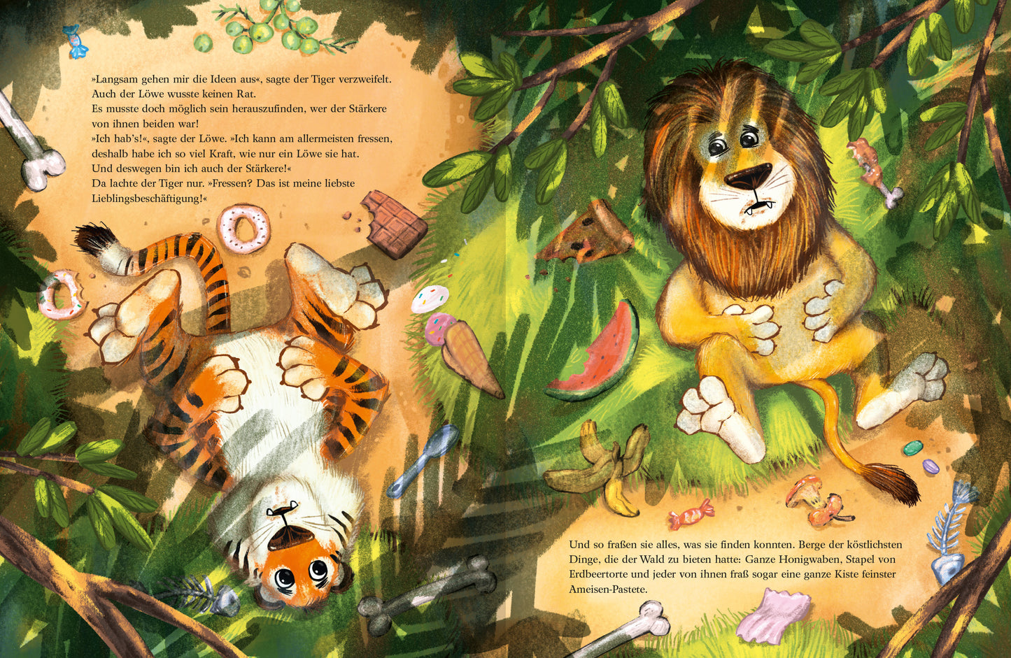 Gezeigt wird eine Innen- oder Zusatzansicht von „Wenn zwei sich streiten“. Auf der linken Seite liegt ein kleiner Tiger, der auf dem Rücken liegt, sein Blick ist neugierig. Auf der rechten Seite sitzt ein Löwe mit einer freundlichen Miene, umgeben von einer dichten grünen Blattstruktur. Die Farben sind lebhaft und warm, mit sanften Erdtönen und einem klaren Himmelblau. Die Typografie ist spielerisch und ansprechend, gestaltet in gut lesbarer Schrift, die die kindliche Atmosphäre...