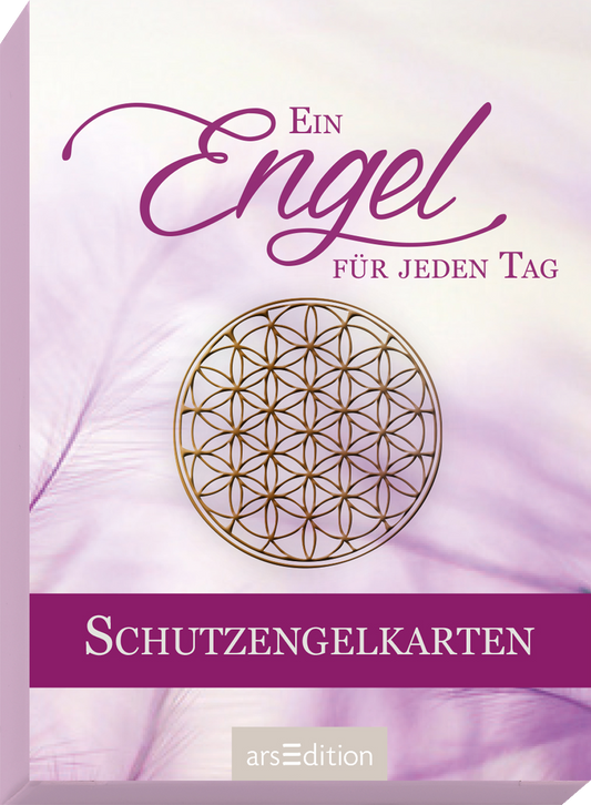 Das Buchcover zeigt einen sanften, lila Farbverlauf, der eine beruhigende Atmosphäre ausstrahlt. Der Titel „Ein Engel für jeden Tag“ ist in verschnörkelter, goldener Schrift oben platziert. Darunter befindet sich ein stilisiertes Symbol der Lebensblume in Gold. Am unteren Rand des Covers steht in lila Schrift das Wort „Schutzengelkarten“ auf einem weißen Hintergrund. Ganz unten mittig steht der Logoschriftzug von arsEdition.