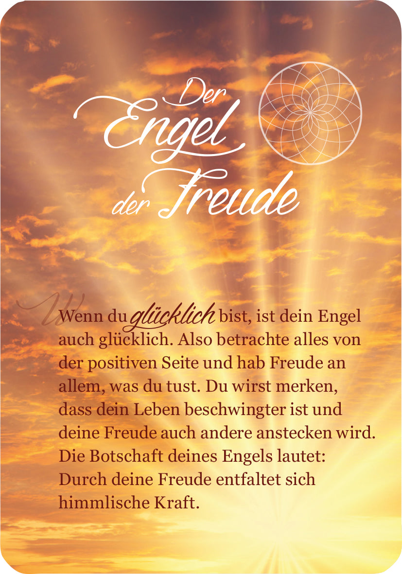 Gezeigt wird eine Innen- oder Zusatzansicht von „Ein Engel für jeden Tag“. Die Gestaltung präsentiert einen warmen, goldenen Himmel mit strahlenden Lichtbündeln. Oben steht in schwungvoller Schrift „Der Engel“ in Weiß und „der Freude“ darunter in einer freundlicheren Typografie. Am unteren Rand folgt ein Textblocks mit der einladenden Aussage, dass Glück sich beim Teilen entfaltet, in einer klaren und gut lesbaren Schrift. Das Gesamtbild vermittelt eine positive und...