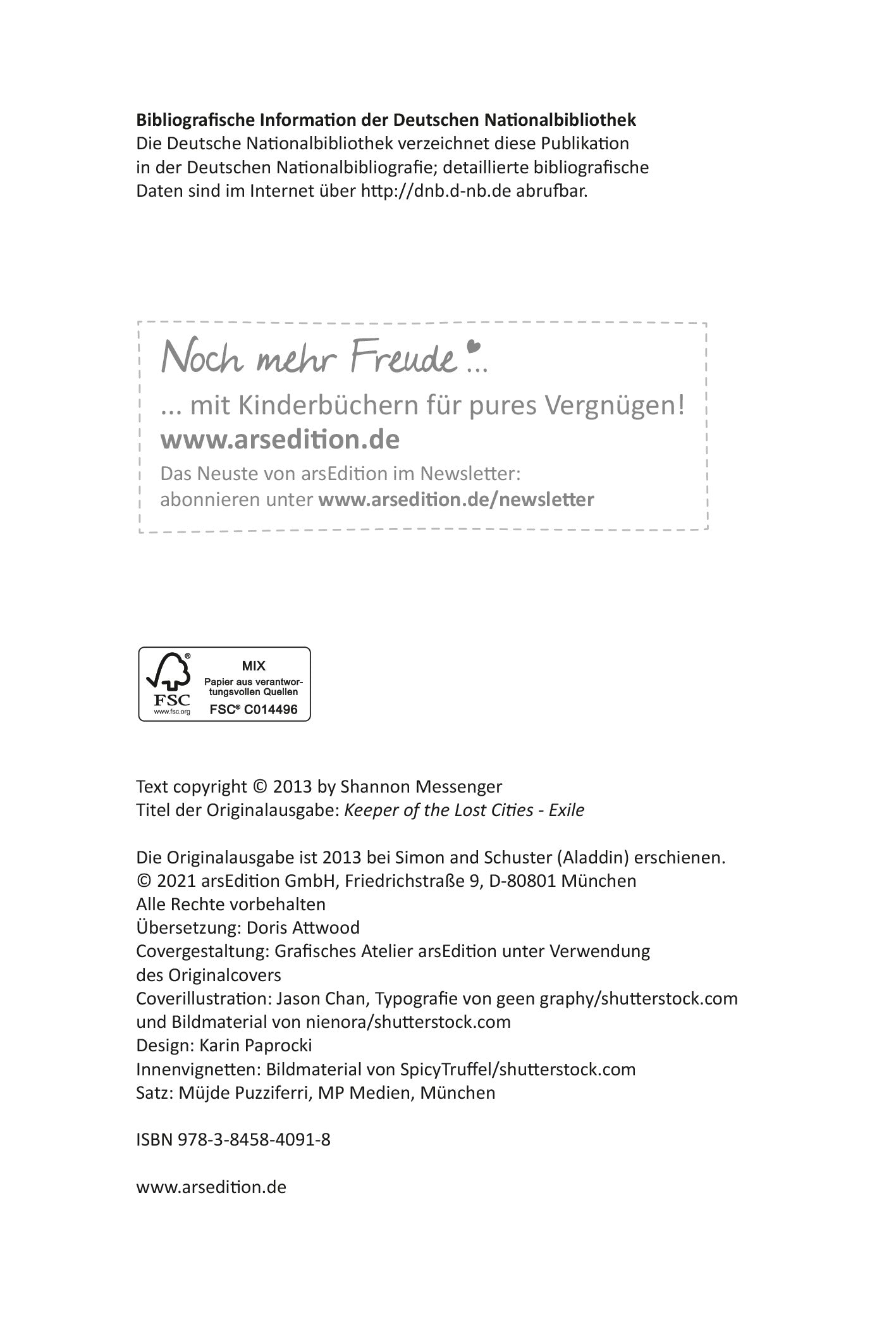 Gezeigt wird eine Innen- oder Zusatzansicht von „Keeper of the Lost Cities – Das Exil“. Die Seiten bieten eine Kombination aus sauberer, leserlicher Schrift mit klaren Schriftgrößen und kontrastierenden Farben, die die Lesbarkeit fördern.  Die typografische Gestaltung ist ansprechend und kindgerecht.