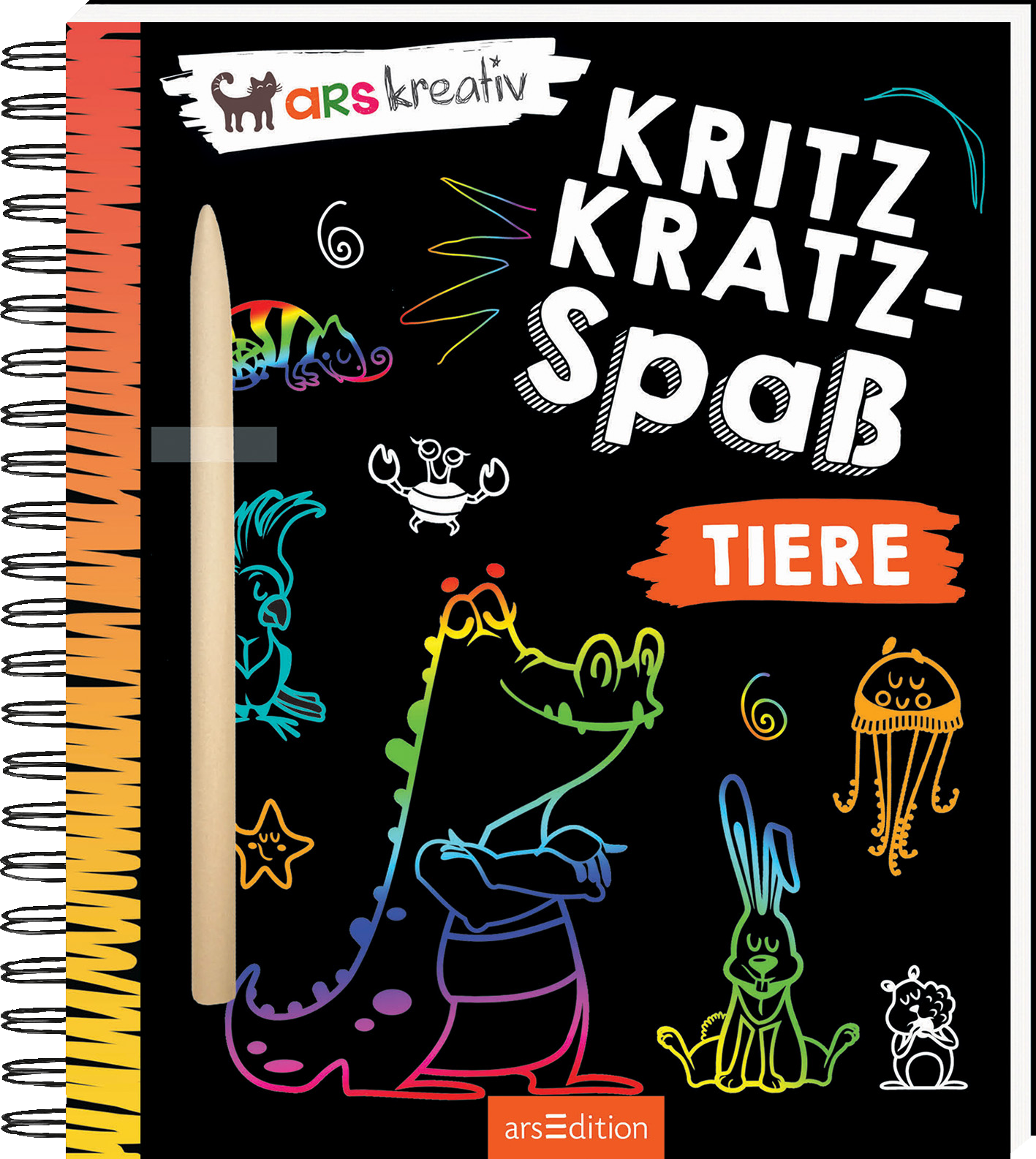 Schwarzes Cover mit Spiralbindung links und einem hellen Holzstift senkrecht. Dominante handgezeichnete weiße Titeltypografie „KRITZ KRATZ-SPAß“ oben rechts, darunter orange Pinselstrich mit weißer Schrift „TIERE“. Bunte neonartige Kratzzeichnungen von Krokodil, Hase, Qualle, Chamäleon, Krabbe und Seestern vermitteln verspielte Kreativstimmung. Oben links kleines Logo „ars kreativ“. Ganz unten mittig steht der Logoschriftzug von arsEdition.