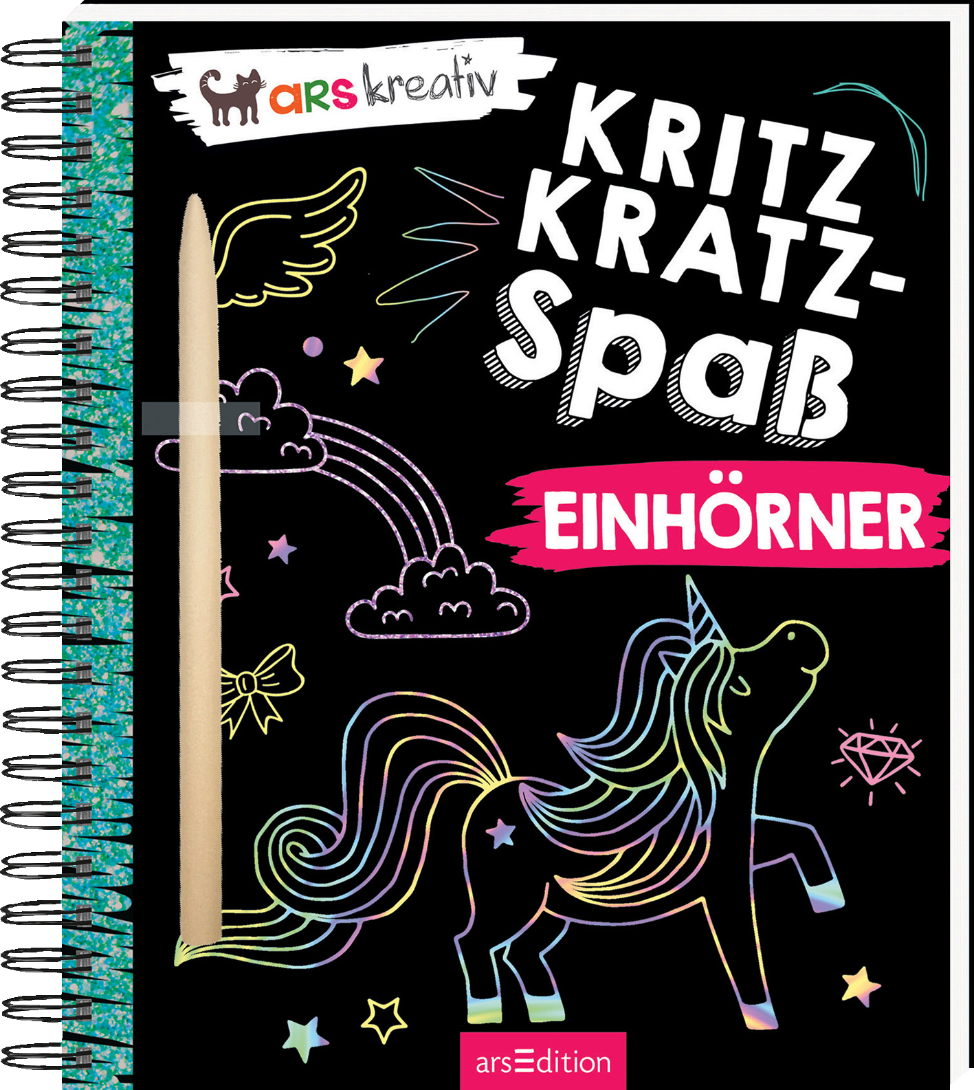 Das Buchcover zeigt eine schwarzgrundige spiralgebundene Vorlage mit bunten, skizzierten Einhörnern und Regenbögen in leuchtenden Farben. Der Titel „KRITZKRATZ-SPAß EINHÖRNER“ ist auffällig in großen, weißen und pinken Buchstaben platziert, wodurch eine verspielte Atmosphäre entsteht. Ein Holzstift ist seitlich abgebildet, um das kreative Element zu betonen. Ganz unten mittig steht der Logoschriftzug von arsEdition.