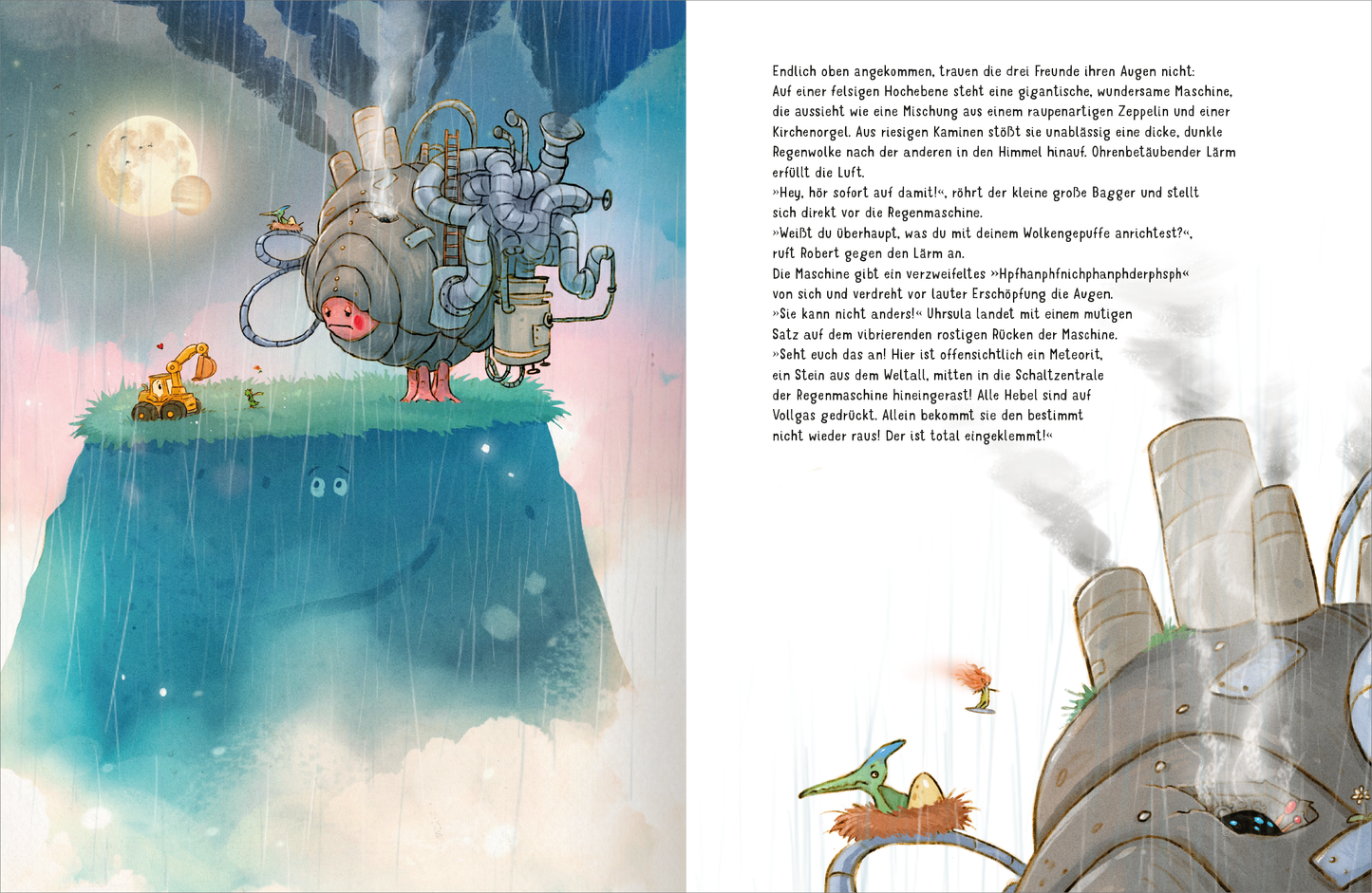 Gezeigt wird eine Innen- oder Zusatzansicht von „Kleiner großer Bagger – Eine unglaubliche Reise“. Die Illustration zeigt einen fantastischen, dampfenden Maschinenbau mit einer runden, mechanischen Form in Grautönen und einem rostroten Gesichtsausdruck. Davor steht ein kleiner, gelber Bagger auf einer grünen Wiese unter einem regnerischen Himmel, der mit sanften Blautönen gestaltet ist. Die Schrift ist verspielt und gut lesbar, um die Abenteuerstimmung zu unterstreichen.