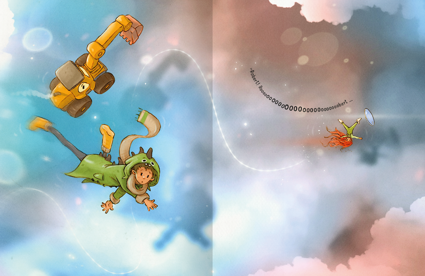 Gezeigt wird eine Innen- oder Zusatzansicht von „Kleiner großer Bagger – Eine unglaubliche Reise“. Auf der Seite ist ein humorvolles Szenario abgebildet, in dem ein gelber Bagger und ein Kind in einem tierähnlichen Kostüm durch eine Wolkenlandschaft fliegen. Die Farbpalette umfasst sanfte Blau- und Rosatöne, die eine spielerische und träumerische Atmosphäre schaffen. In der oberen Ecke erscheinen schwungvolle Schriftzüge, die den Eindruck von Bewegung vermitteln. Die abgerundete...