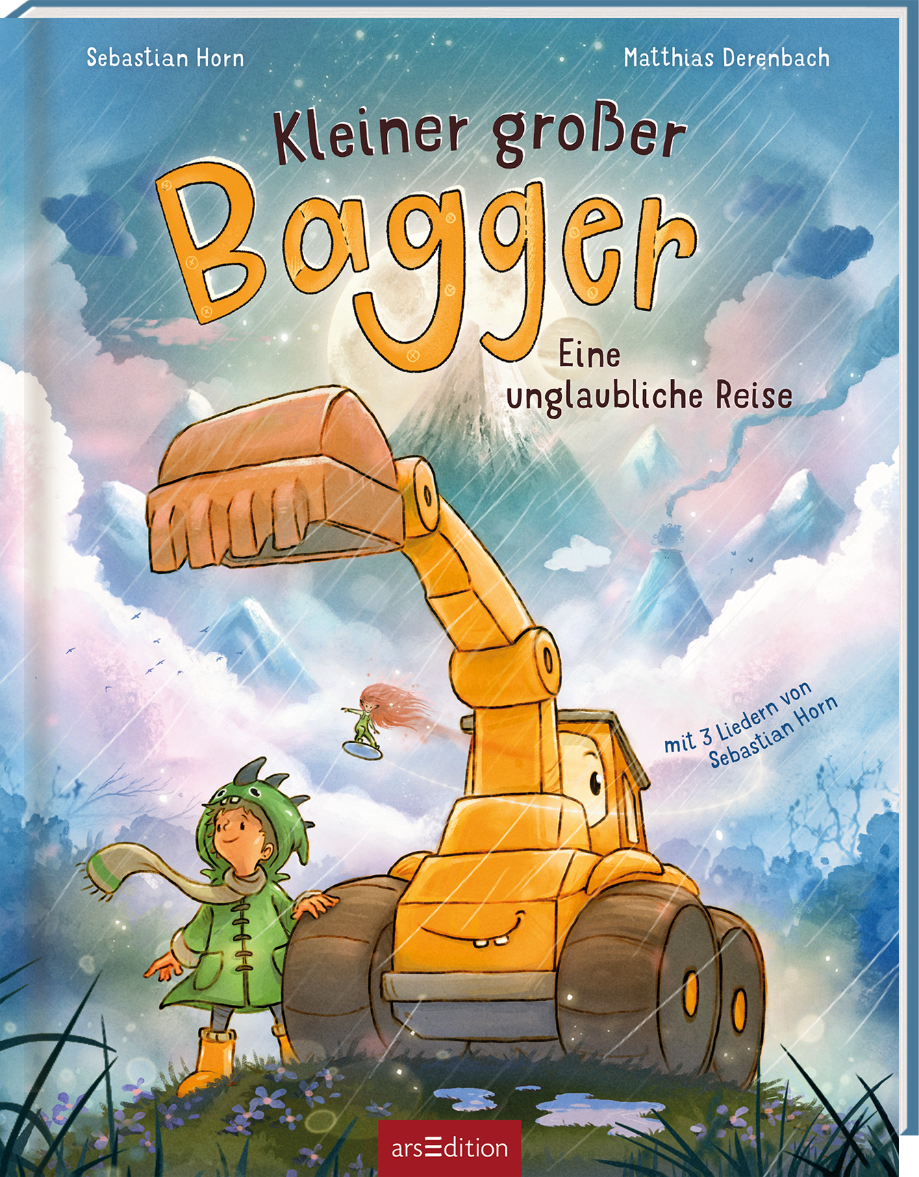 Auf dem Buchcover sind der Titel „Kleiner großer Bagger“ in großen, orangefarbenen Buchstaben sowie der Untertitel „Eine unglaubliche Reise“ in blauer Schrift zu sehen. Ein fröhlicher, comicartiger Bagger mit einem großen Schaufelarm steht im Vordergrund, während ein Kind in einem grünen Outfit neben ihm steht. Der Hintergrund zeigt eine bunte Landschaft mit sanften Hügeln und Wolken. Ganz unten mittig steht der Logoschriftzug von arsEdition.