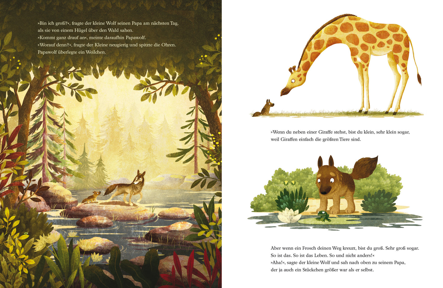 Gezeigt wird eine Innen- oder Zusatzansicht von „Du, Papa ... Ist zehn viel?“. Die linke Seite zeigt eine idyllische Waldlandschaft mit einem kleinen Wolf am Flussufer; sanfte Grüntöne dominieren die Szene. Auf der rechten Seite stehen eine Giraffe und ein kleiner Hund, beide in hellen, freundlichen Farben. Die Schrift ist klar und gut lesbar, in verspielten, kindgerechten Schriftarten, die den Text lebendig wirken lassen.