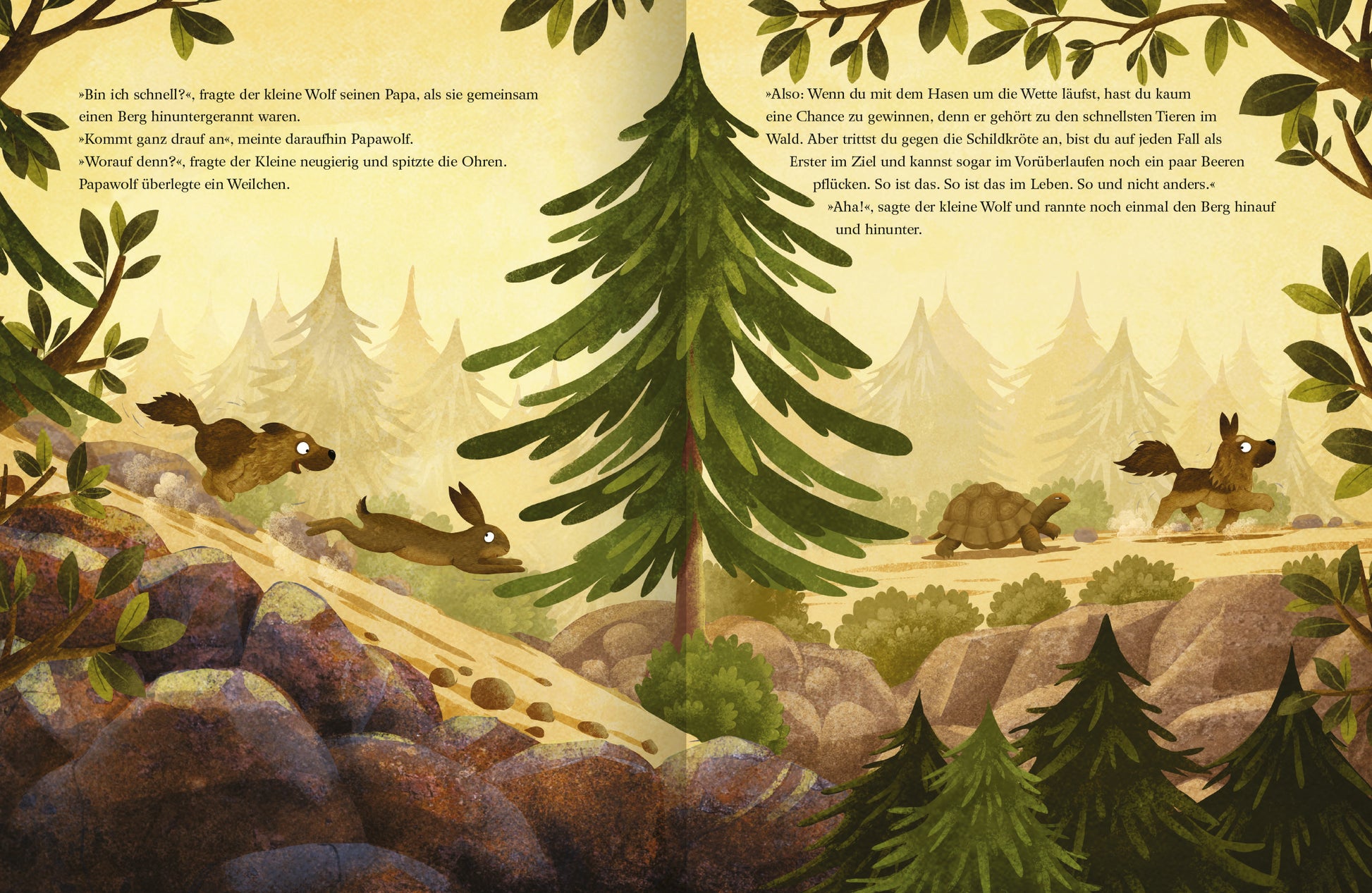 Gezeigt wird eine Innen- oder Zusatzansicht von „Du, Papa ... Ist zehn viel?“. Die Illustration zeigt eine malerische Waldlandschaft mit sanften Erdtönen und lebendigen Grüntönen. Im Vordergrund sind eine kleine Maus und ein Reh sichtbar, die lebhaft über einen Weg laufen, während im Hintergrund hohe, stilisierte Tannen und sanfte Hügel zu sehen sind. Die Schrift ist freundlich und kindgerecht gestaltet, oft in warmen Farben, die die Stimmung des Bildes unterstreichen.