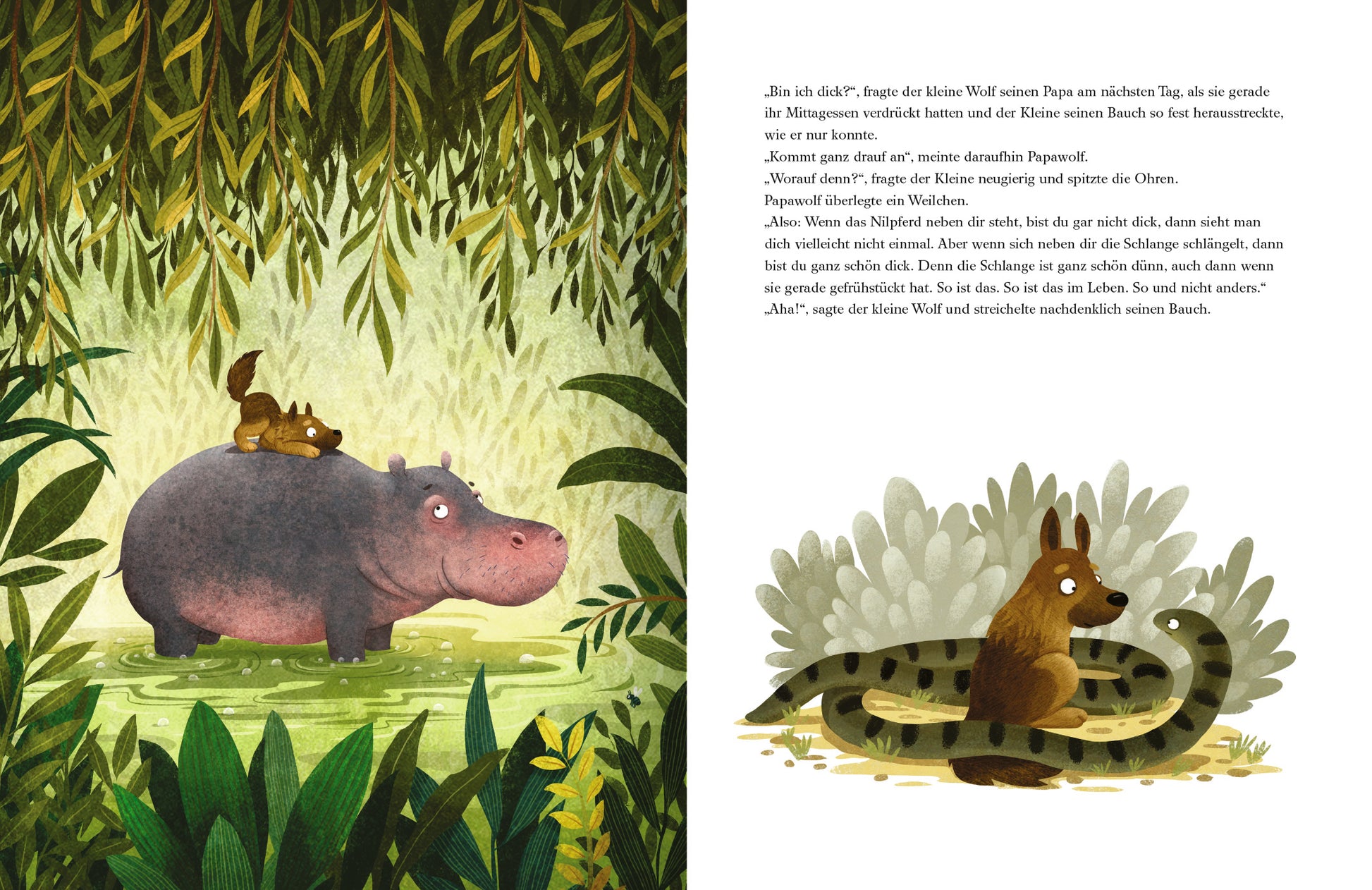 Gezeigt wird eine Innen- oder Zusatzansicht von „Du, Papa ... Ist zehn viel?“. Die Illustration zeigt eine lebhafte Dschungelszene mit einem Flusspferd und einem kleinen Tier auf dem Rücken. Der Hintergrund ist in verschiedenen Grüntönen gehalten, um die Üppigkeit der Natur darzustellen. Ausgewählte Elemente wie Blätter und Lianen umrahmen die Figuren. Die Typografie ist verspielt und kindgerecht, passend zur Altersgruppe der Leser.