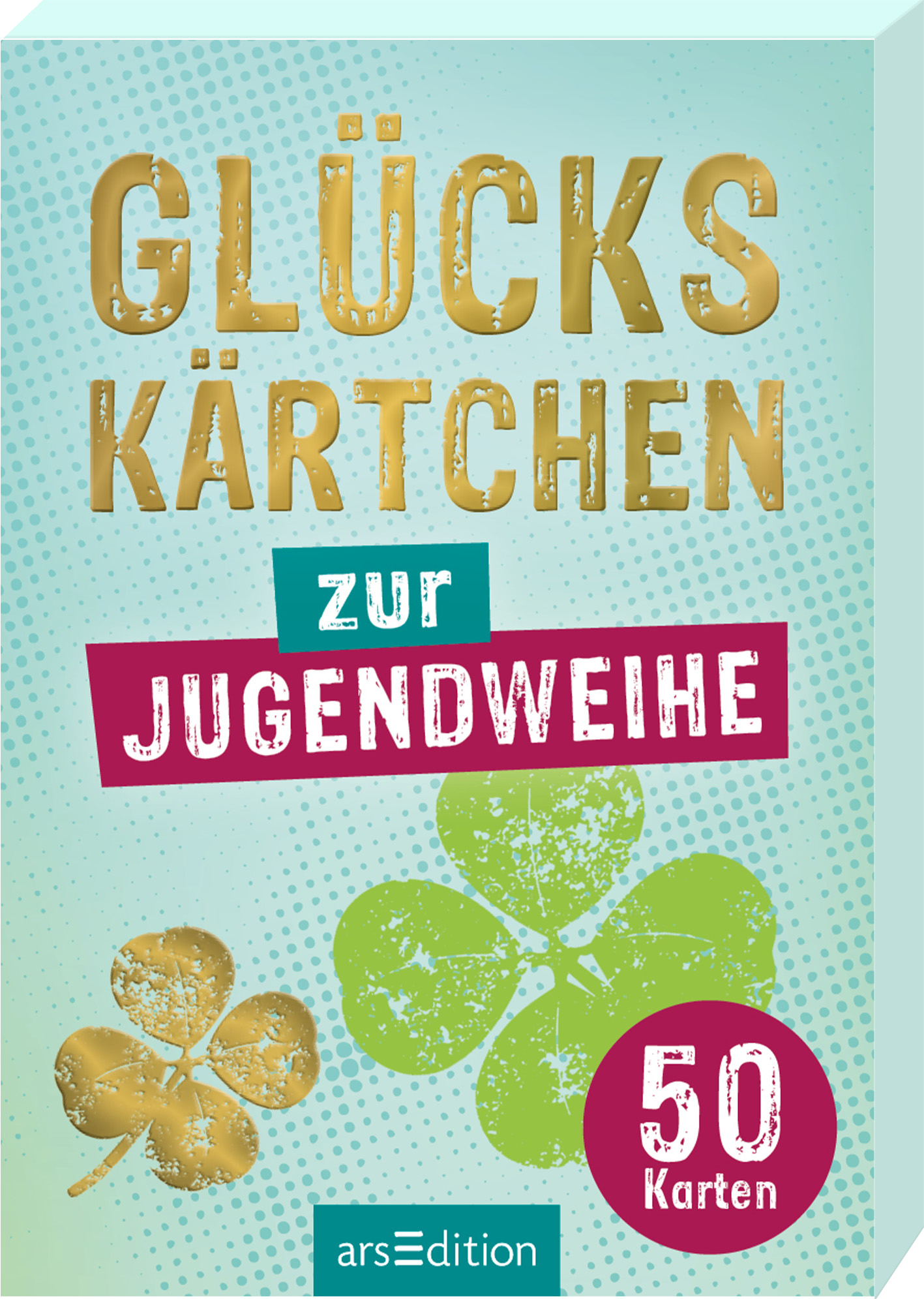 Das Cover zeigt in goldener Schrift den Titel „GLÜCKSKÄRTCHEN“ und darunter in einer kräftigen, lila Box den Text „zur JUGENDWEIHE“. Der Hintergrund ist in sanften mintgrünen Tönen gehalten, mit einer leichten Textur und einer gepunkteten Musterung. Zwei stilisierte Kleeblätter, eines in gold und das andere in grün, zieren die unteren Ecken. In einem roten Kreis steht die Aufschrift „50 Karten“. Ganz unten mittig steht der Logoschriftzug von arsEdition.