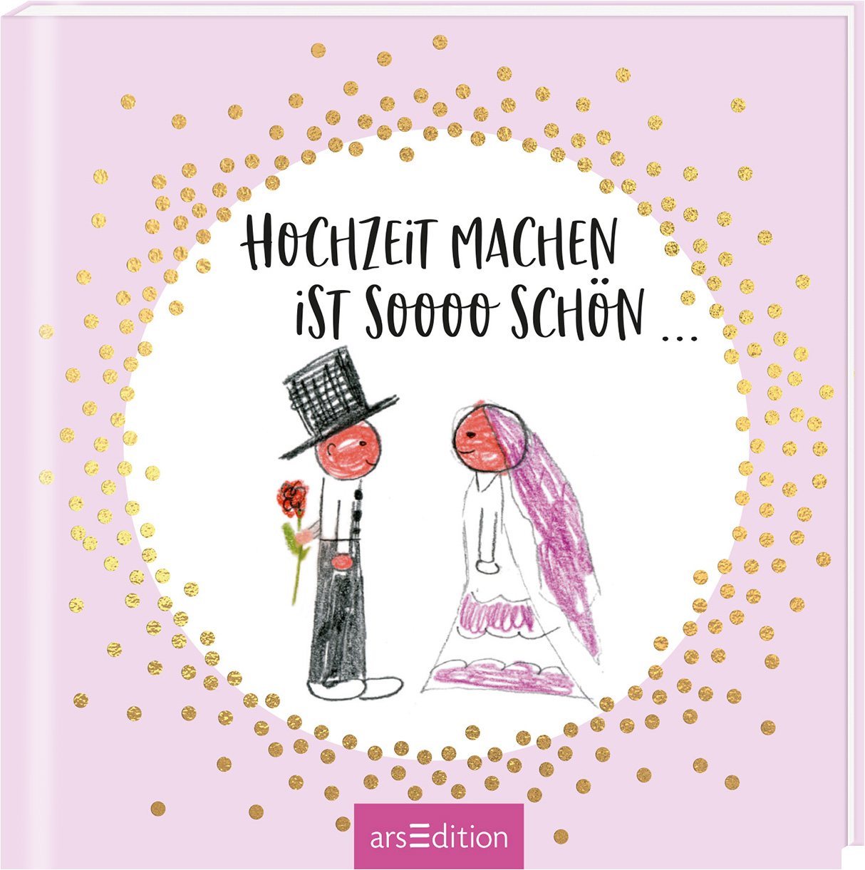 Auf dem Buchcover mit einem sanften rosa Hintergrund sind zwei liebevoll gezeichnete Figuren abgebildet: ein Bräutigam in einem schwarzen Anzug mit Zylinder und einer Blume sowie eine Braut mit einem langen weißen Kleid und einem rosa Schleier. Um die Figuren herum glitzern goldene Punkte, die eine fröhliche Atmosphäre schaffen. Der Titel „Hochzeit machen ist soooo schön …“ ist in einer verspielten, handschriftlichen Schriftart in Schwarz platziert. Ganz unten mittig steht der...