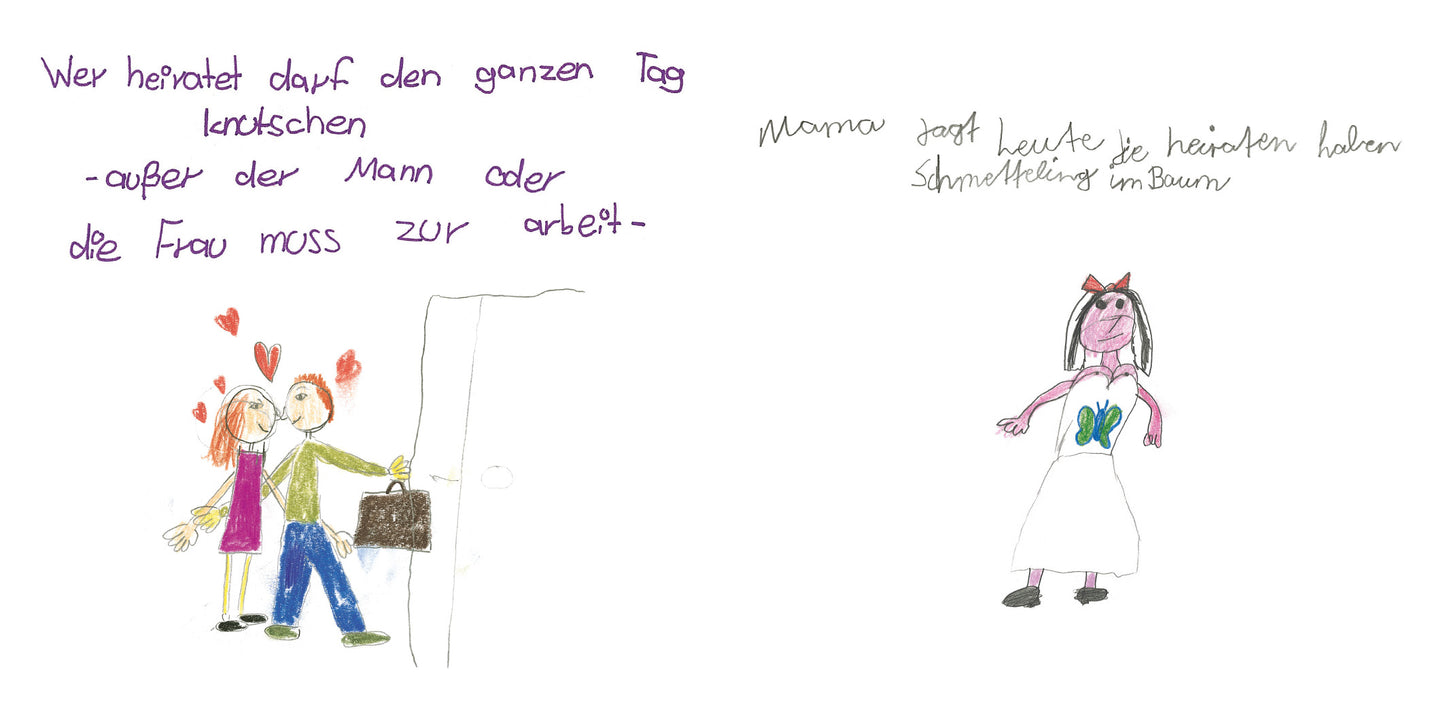 Gezeigt wird eine Innen- oder Zusatzansicht von „Hochzeit machen ist sooo schön…“. Auf der linken Seite sind zwei Figuren, ein Mann und eine Frau, in fröhlichen Farben dargestellt, mit Herzen im Hintergrund. Der Mann hält eine Aktentasche, während die Frau in einem rosa Kleid steht. Auf der rechten Seite befindet sich eine Figur mit langen Haaren und einem weißen Kleid, die grüne Schmetterlinge zeigt. Der Text ist in bunten, verspielten Buchstaben geschrieben, wobei die linke Seite...