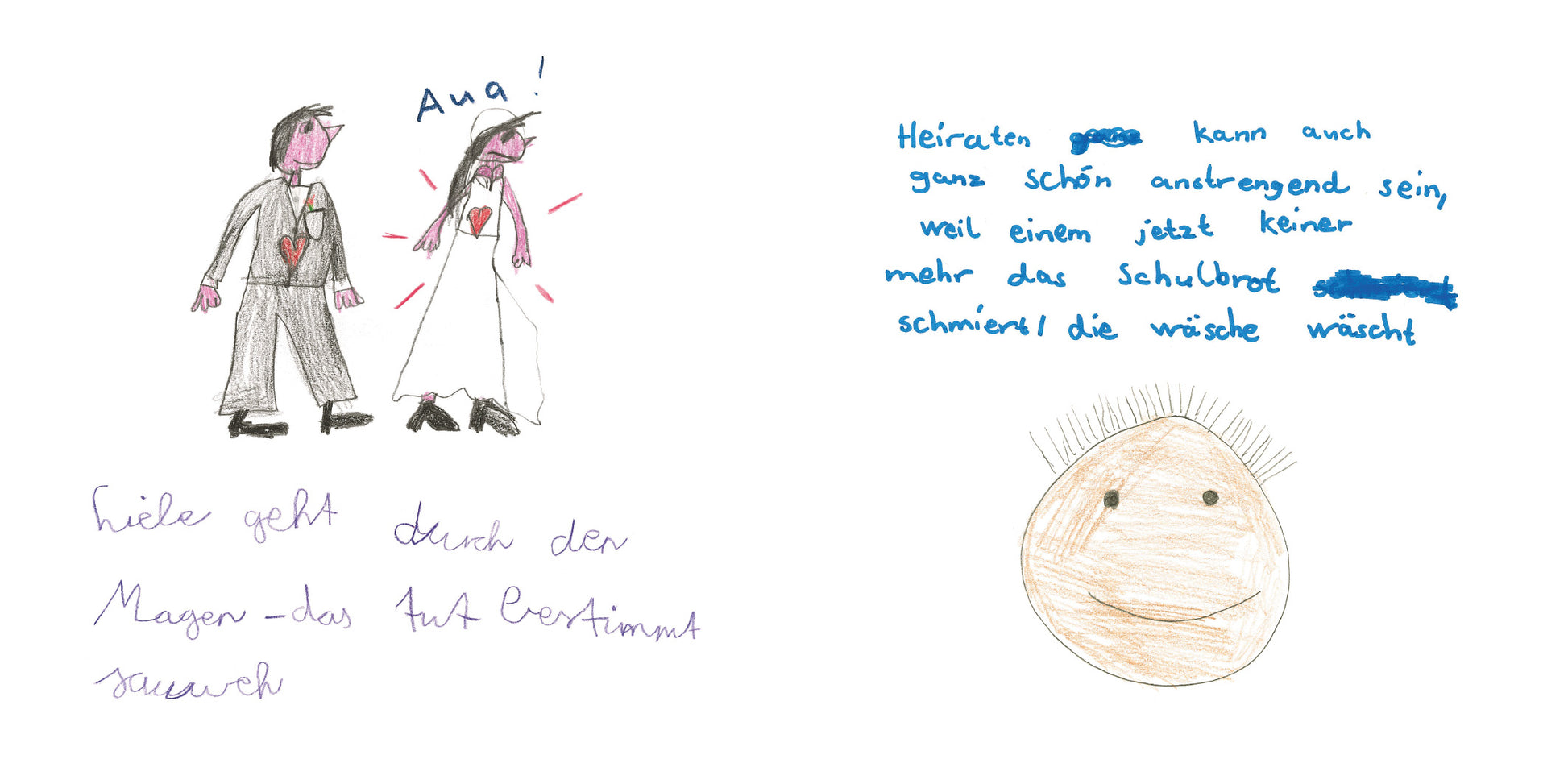 Gezeigt wird eine Innen- oder Zusatzansicht von „Hochzeit machen ist sooo schön...“. Auf der linken Seite sind zwei stilisierte, gezeichnete Figuren in Hochzeitskleidung zu sehen, eine Figur mit einem Anzug und die andere in einem weißen Kleid. Über einer der Figuren steht der Ausruf „Aua!“. Auf der rechten Seite befindet sich eine einfache Zeichnung eines Gesichts mit struppigen Haaren und einem neutralen Ausdruck. Daneben stehen handschriftliche, blaue und schwarze Texte, die auf...