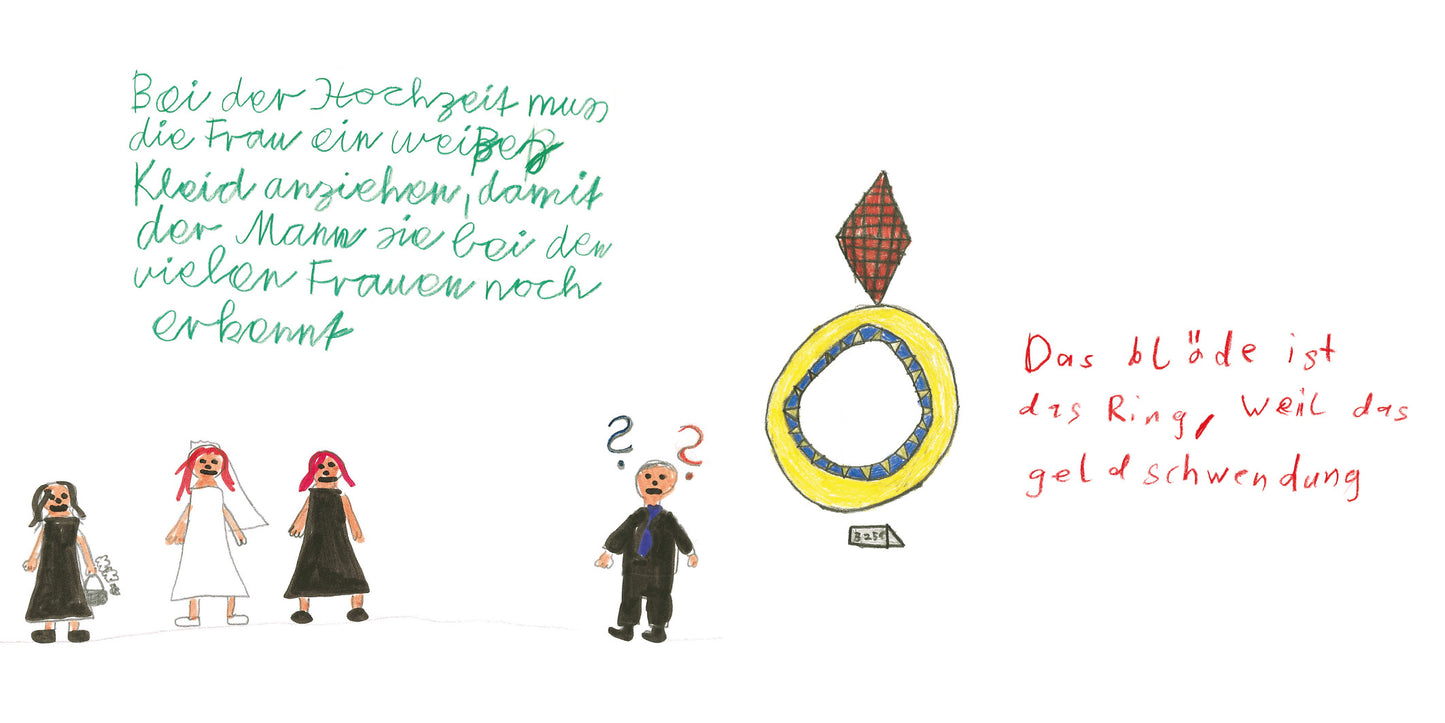 Gezeigt wird eine Innen- oder Zusatzansicht von „Hochzeit machen ist sooo schön...“. Die Illustration zeigt drei Figuren in bunter Kleidung: zwei Frauen in roten Kopfbedeckungen und ein Mann in einem schwarzem Anzug mit einer Fragezeichen-Darstellung über seinem Kopf. Links steht ein handschriftlicher Text in grüner Farbe, der den Brautkleid-Traditionen thematisiert. Rechts ist ein ringförmiges Objekt in Gelb und Blau abgebildet, begleitet von einem in roter Farbe geschriebenen Text,...