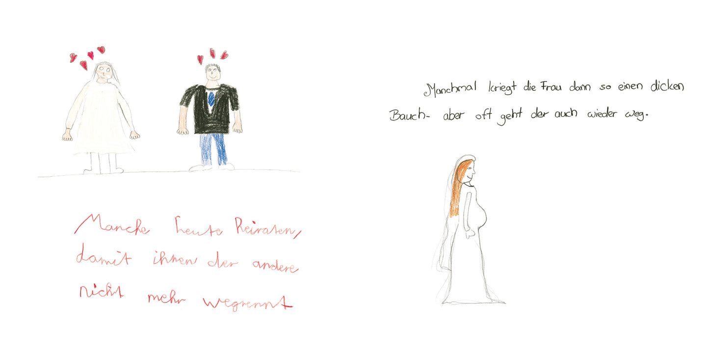 Gezeigt wird eine Innen- oder Zusatzansicht von „Hochzeit machen ist sooo schön…“. Auf der linken Seite sind zwei Figuren, ein Brautpaar, skizzenhaft in Pastellfarben mit Herzen über dem Kopf des Bräutigams dargestellt. Der Bräutigam trägt einen schwarzen Anzug, die Braut ein weißes Kleid. Rechts befindet sich eine weitere Skizze einer Frau in einem weißen Kleid mit langen Haaren. Über ihr schwebt eine handgeschriebene, schwarze Typografie, die humorvolle Gedanken zur Hochzeit...