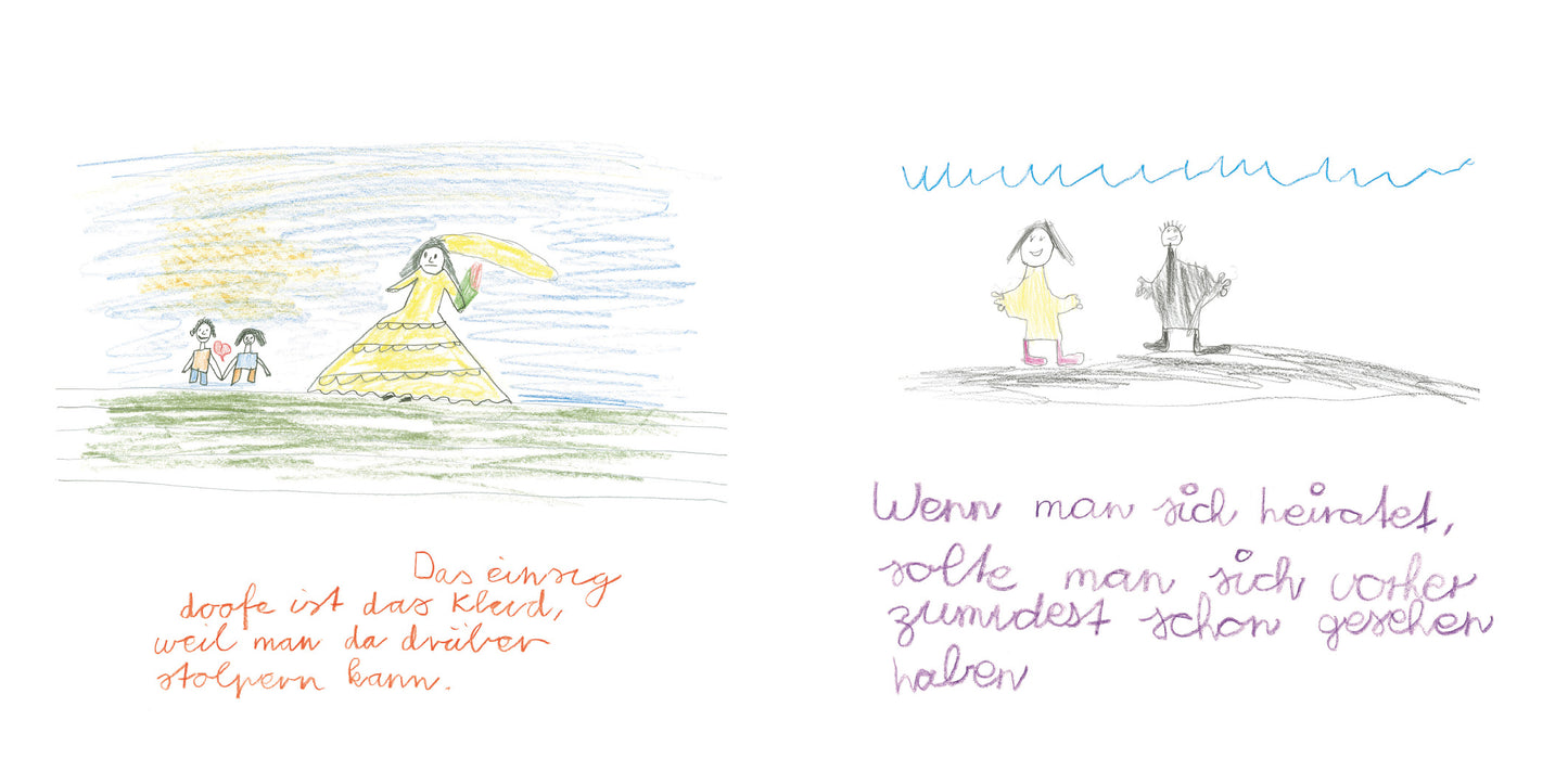 Gezeigt wird eine Innen- oder Zusatzansicht von „Hochzeit machen ist sooo schön...“. Links ist eine farbenfrohe Zeichnung einer Braut in einem gelben Kleid mit einem langen Schleier, umgeben von zwei Kindern. Darunter steht in handschriftlicher, roter Schrift: „Das einzig tolle ist das Kleid, weil man da drunterstoff tragen kann.“ Rechts sehen wir eine weitere Zeichnung von einem Paar, das in bunten Kleidern nebeneinander steht. Die pinke und blaue Schrift darüber sagt: „Wenn man...
