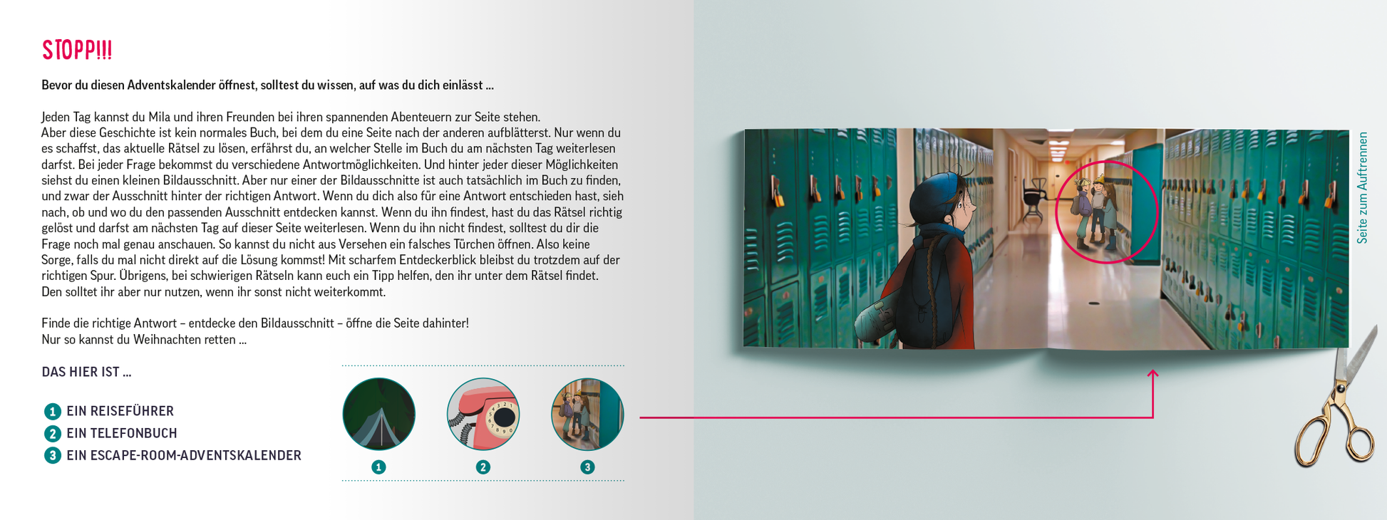 Gezeigt wird eine Innen- oder Zusatzansicht von „Escape Room Adventskalender. Die Weihnachtsfalle“. Die Illustration zeigt eine Schulkorridor-Szene mit grünen Schließfächern im Hintergrund. Im Vordergrund ist ein Charakter in einem dunklen Outfit mit einer Mütze zu sehen, der auf einen Schrank schaut. Es dominieren kühle Farbtöne, insbesondere Blau und Grün. Die modulare Typografie ist modern und gut lesbar, Informationen sind klar strukturiert.