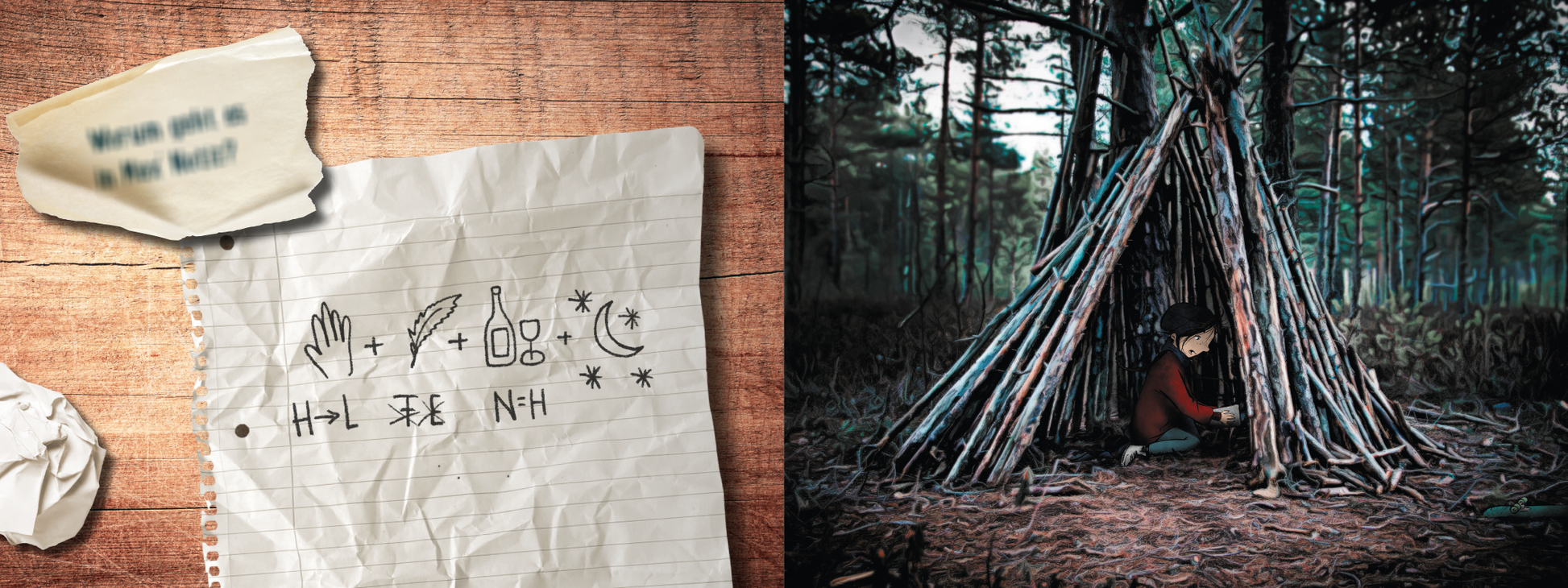 Gezeigt wird eine Innen- oder Zusatzansicht von „Escape Room Adventskalender. Die Weihnachtsfalle“. Auf der linken Seite befindet sich ein zerknittertes Notizblatt mit handgezeichneten Symbolen und Zeichen in schwarzer Tinte, hinterlegt von einem hellbeigen Holzton. Rechts sieht man ein Kind in einem selbstgebauten Zelt aus Ästen, umgeben von einer mystischen Waldatmosphäre. Die Farbgebung ist überwiegend in erdigen Tönen gehalten.