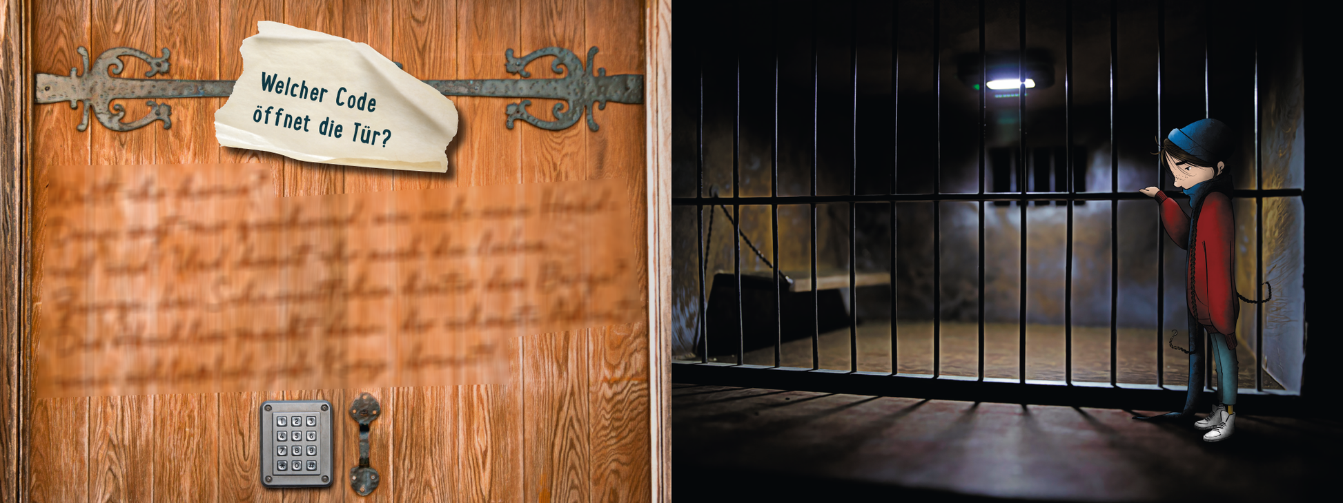 Gezeigt wird eine Innen- oder Zusatzansicht von „Escape Room Adventskalender. Die Weihnachtsfalle“. Auf der linken Seite ist eine Holzpalette mit einer handschriftlichen Notiz, die die Frage „Welcher Code öffnet die Tür?“ enthält. Unter der Notiz befindet sich ein Zahlenschloss. Rechts sieht man einen kleinen Jungen in einem roten Mantel und blauen Hut, der durch das Gitter einer altmodischen Gefängniszelle blickt. Der Hintergrund ist dunkel und vermittelt eine geheimnisvolle...