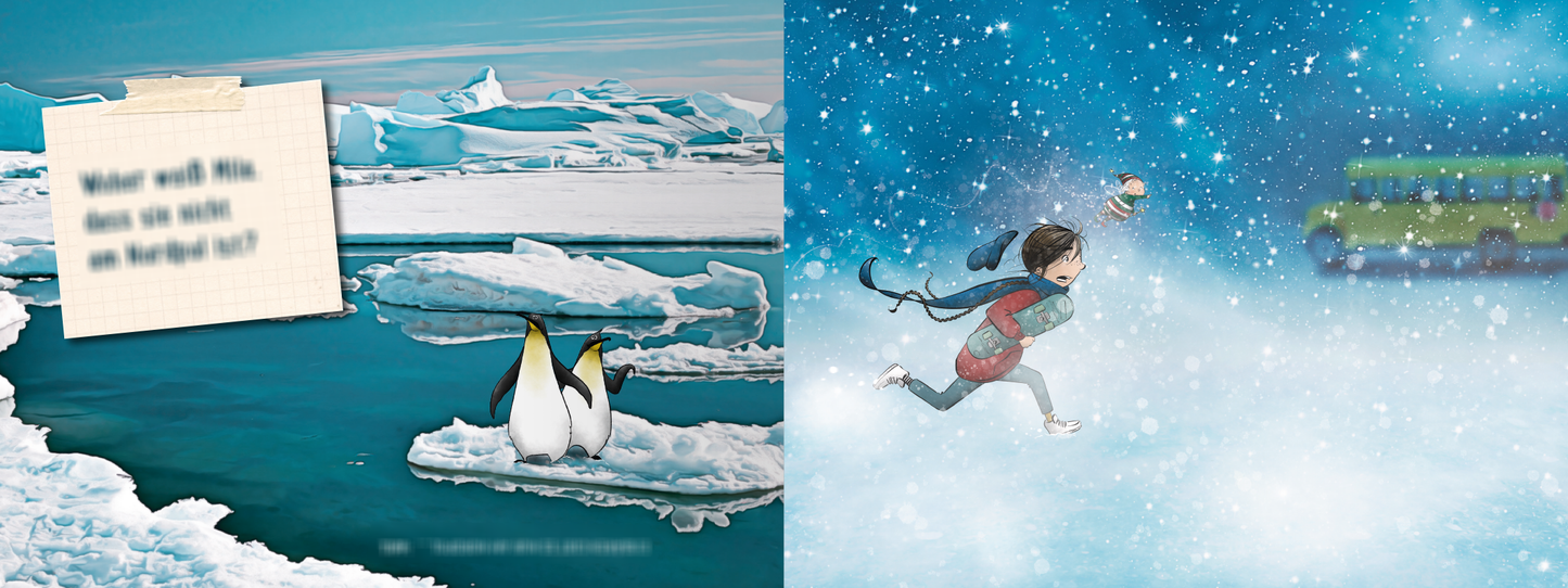 Gezeigt wird eine Innen- oder Zusatzansicht von „Escape Room Adventskalender. Die Weihnachtsfalle“. Die Illustration zeigt eine winterliche Landschaft mit blauen und weißen Farbtönen. Auf der linken Seite sind zwei Pinguine auf Eisbergen sowie ein Zettel mit einer Frage abgebildet, während sich auf der rechten Seite ein Kind in einem roten Pullover durch den Schnee bewegt. Im Hintergrund sind sanfte Schneeflocken und ein verschwommener gelber Schulbus sichtbar.