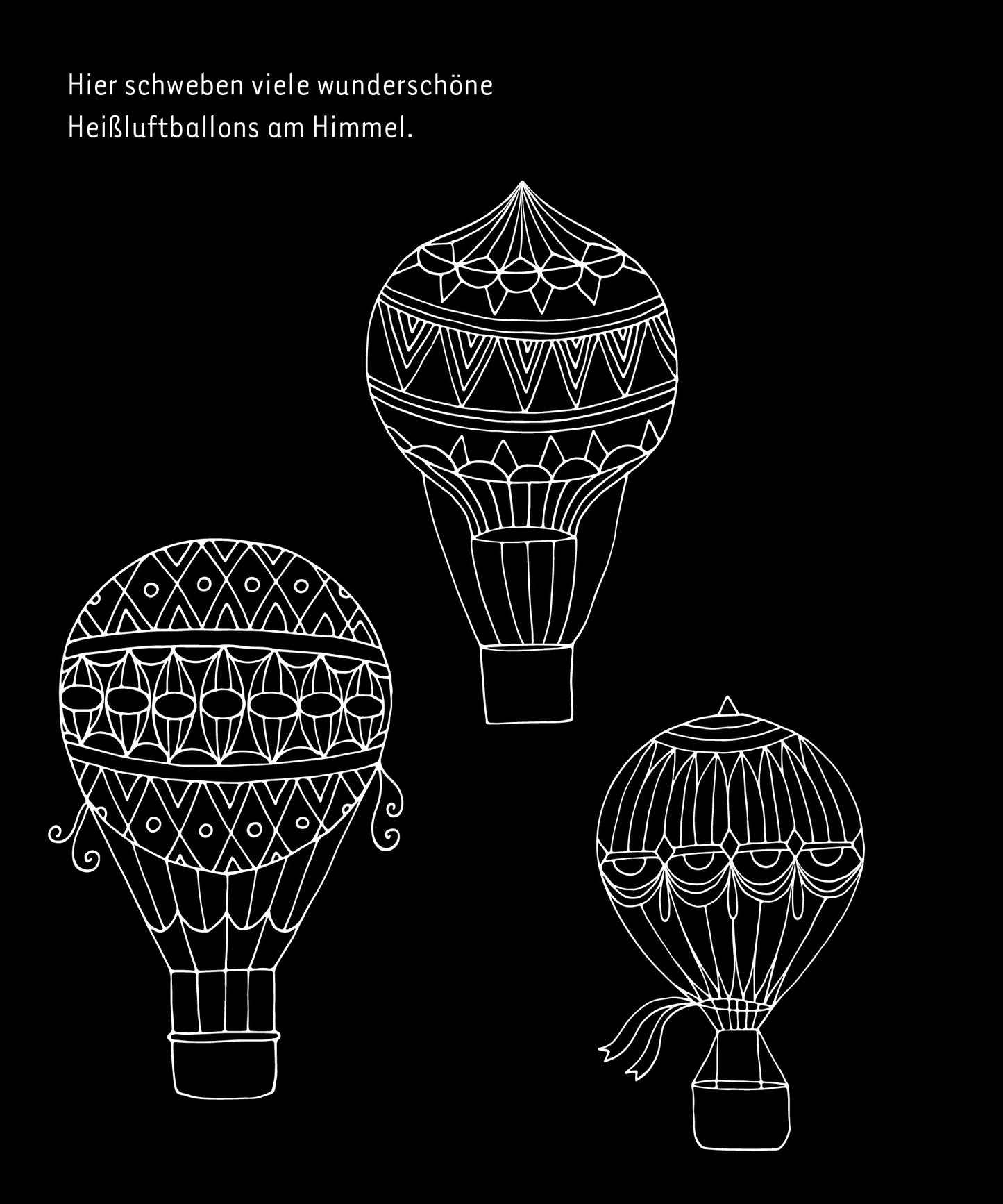 Gezeigt wird eine Innen- oder Zusatzansicht von „Kritzkratz-Spaß für Mädchen“. Die Illustration zeigt drei fantasievolle Heißluftballons, die in einem gedeckten Schwarz-Himmel schweben. Die Ballons sind in filigraner, weißer Linie gezeichnet und mit reichhaltigen Mustern verziert. Oben ist ein beschreibender Text platziert: „Hier schweben viele wunderschöne Heißluftballons am Himmel.“ Die Typografie ist verspielt und klar, was die Leichtigkeit der Szene unterstreicht.