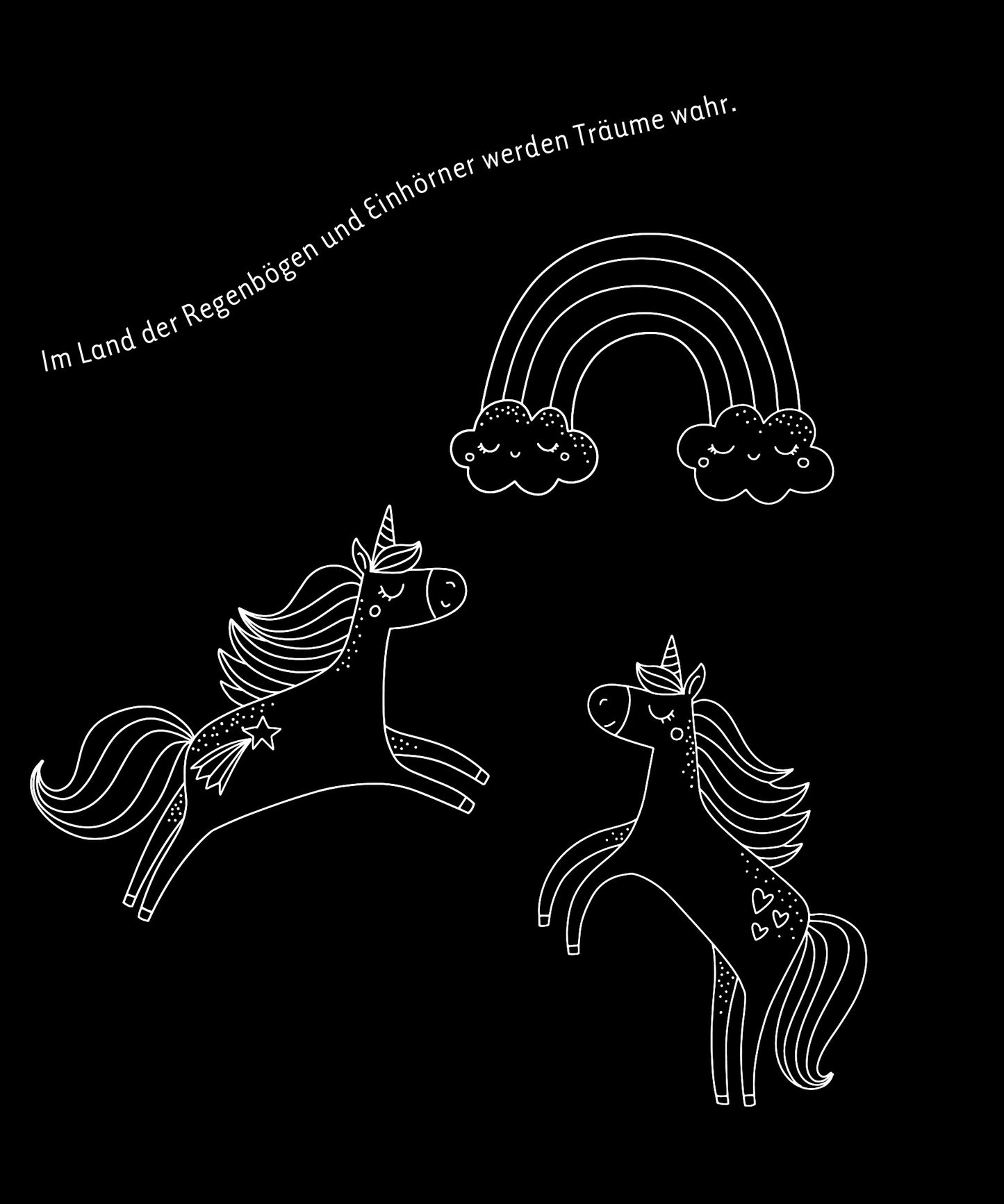 Gezeigt wird eine Innen- oder Zusatzansicht von „Kritzkratz-Spaß für Mädchen“. Die Illustration auf schwarzem Hintergrund zeigt zwei auffallend grafische Einhörner, die in Weiß gezeichnet sind. Eines der Einhörner hat eine sternförmige Verzierung, das andere ein Herz. Über den Tieren schwebt ein Regenbogen mit zwei Wolken. Text in geschwungener Schrift lautet: „Im Land der Regenbögen und Einhörner werden Träume wahr.“ Die Gestaltung vermittelt ein märchenhaftes und...