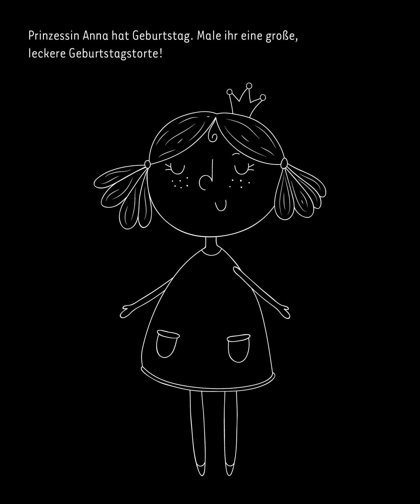 Gezeigt wird eine Innen- oder Zusatzansicht von „Kritzkratz-Spaß für Mädchen“. Die Illustration zeigt ein einfaches, witziges Mädchen mit einer Krone, das in einem schlichten, schwarzen Hintergrund steht. Es trägt ein Kleid mit zwei kleinen Taschen und hat eine freundliche Mimik mit geschlossenen Augen und einem Lächeln. Über dem Mädchen steht der Text „Prinzessin Anna hat Geburtstag. Male ihr eine große, leckere Geburtstagstorte!“, in einer klaren, farbigen Schrift, die gut...