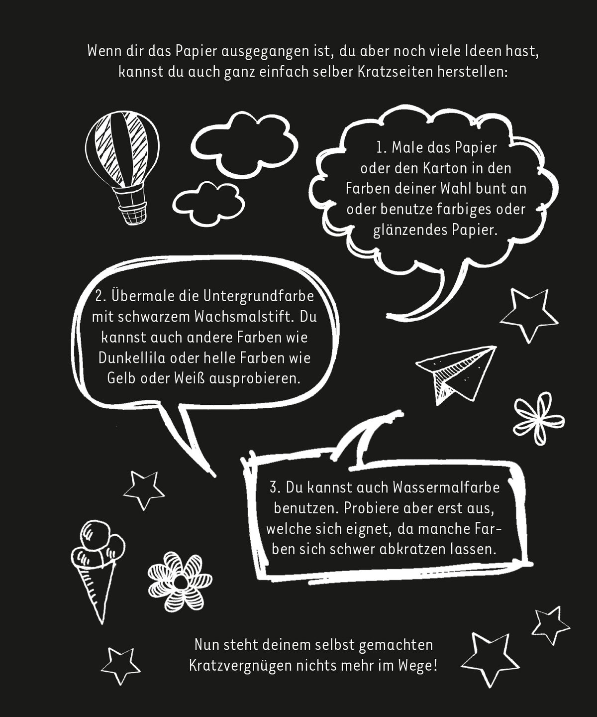 Gezeigt wird eine Innen- oder Zusatzansicht von „Kritzkratz-Spaß für Mädchen“. Die Darstellung zeigt einen dunklen Hintergrund, der mit bunten, handgezeichneten Illustrationen in Weiß und verschiedenen Pastellfarben lebendig wirkt. Textboxen sind klar strukturiert und vermitteln kreative Anleitungen. Die verwendete Typografie ist verschnörkelt und freundlich, passend zur Zielgruppe. Elemente wie Wolken, Ballons und Pfeile unterstützen den verspielten Charakter des Designs.
