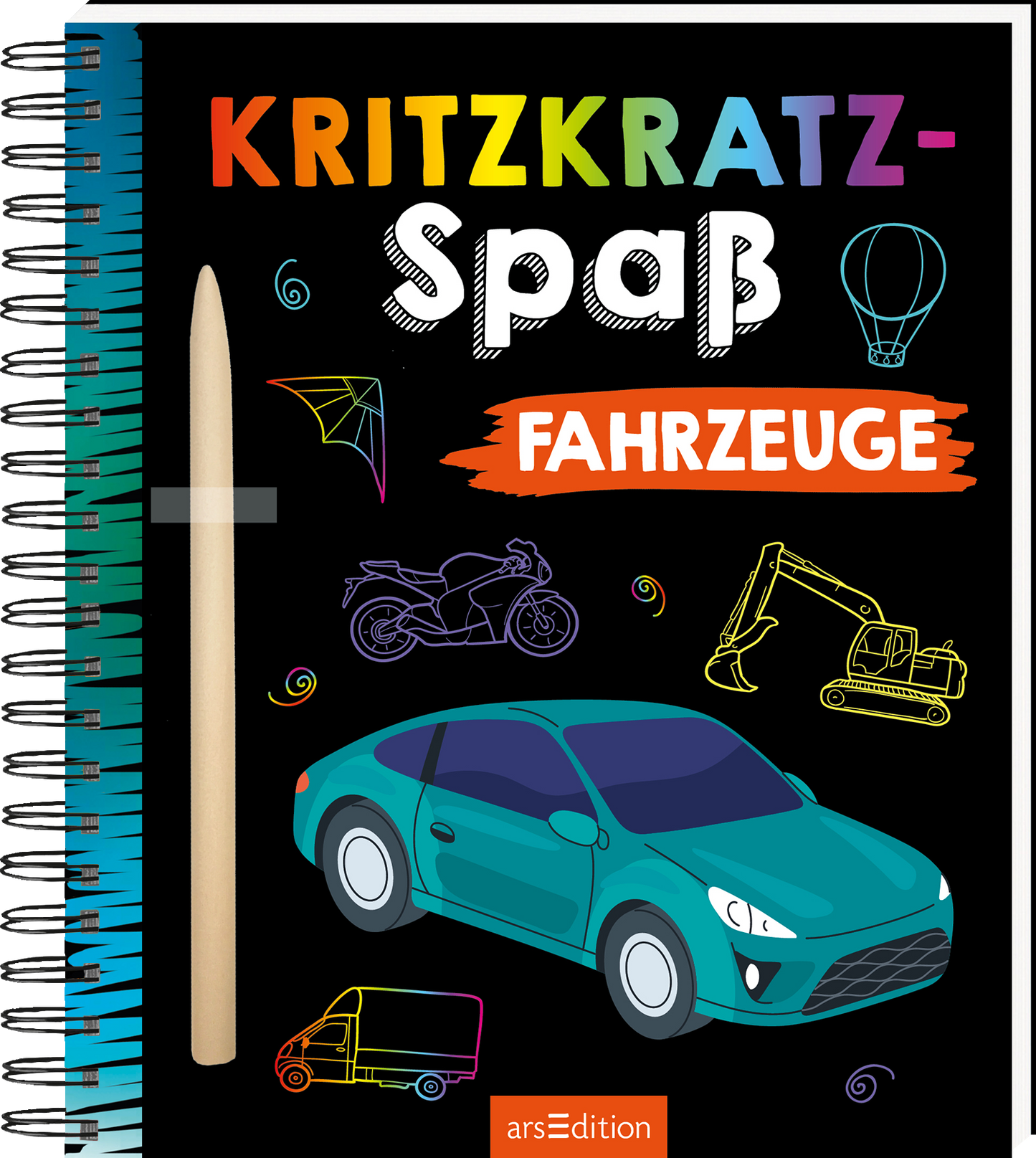 Das Buchcover zeigt einen schwarzen Hintergrund, auf dem bunten Illustrationen von Fahrzeugen wie einem Auto, einem Motorrad und einem Bagger zu sehen sind. Der Titel „Kritzkatz-Spass Fahrzeuge“ ist in großen, auffälligen Buchstaben in verschiedenen Farben gestaltet, wobei „Spass“ ebenfalls betont wird. Eine beige Bleistiftskizze ist prominent an der Seite platziert. In der unteren rechten Ecke befindet sich der Hinweis „SPIEGEL Bestseller“. Ganz unten mittig steht der...