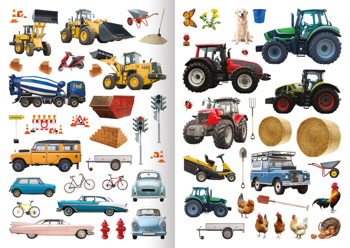 Gezeigt wird eine Innen- oder Zusatzansicht von „Mein Foto-Stickerspaß – Fahrzeuge“. Die Seite präsentiert eine Vielzahl von Fahrzeugen und landwirtschaftlichen Elementen, darunter Traktoren, Bagger und verschiedene Autos. Die Farbpalette reicht von leuchtenden Gelb- und Rottönen bis hin zu bunten Pastellfarben.