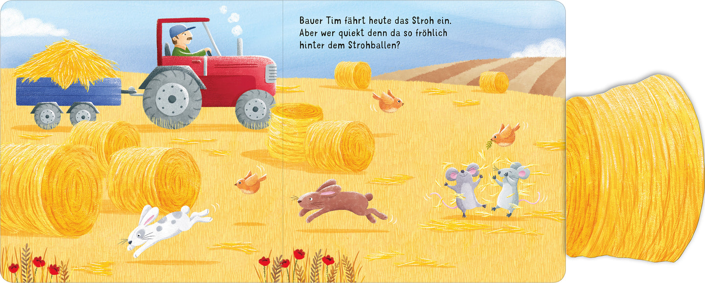 Gezeigt wird eine Innen- oder Zusatzansicht von „Klapp auf – schau rein: Bauernhof“. Die Szene zeigt einen roten Traktor, der Stroh einsammelt, umgeben von gelben Strohballen auf einem goldenen Feld. Darin springen ein weißer Hase sowie zwei graue Mäuse fröhlich umher. Die Farben sind hell und lebendig, wobei das Gelb des Feldes dominiert. Der Text ist in einer gut lesbaren, kindgerechten Schriftart in Schwarz auf einem hellen Hintergrund platziert.
