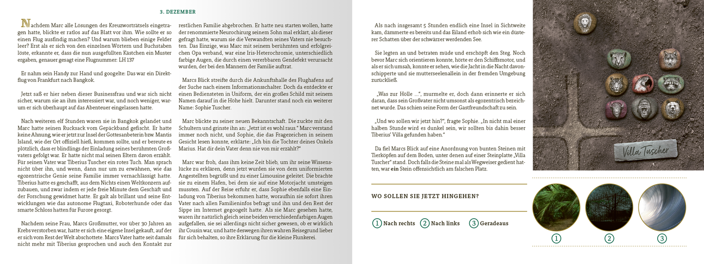 Gezeigt wird eine Innen- oder Zusatzansicht von „Escape Room. Die dunkle Insel“. Die Seiten sind in düsterem Grün und Erdtönen gehalten, was eine geheimnisvolle Atmosphäre schafft. Die Typografie ist klar und gut lesbar, mit variierenden Schriftgrößen für Überschriften und Fließtext. Auf der rechten Seite sind verschiedene Spielsteine abgebildet, die mit Symbolen verziert sind und dabei helfen, die gestellte Rätselfrage zu lösen. Auf der linken Seite vermitteln Textabschnitte die...