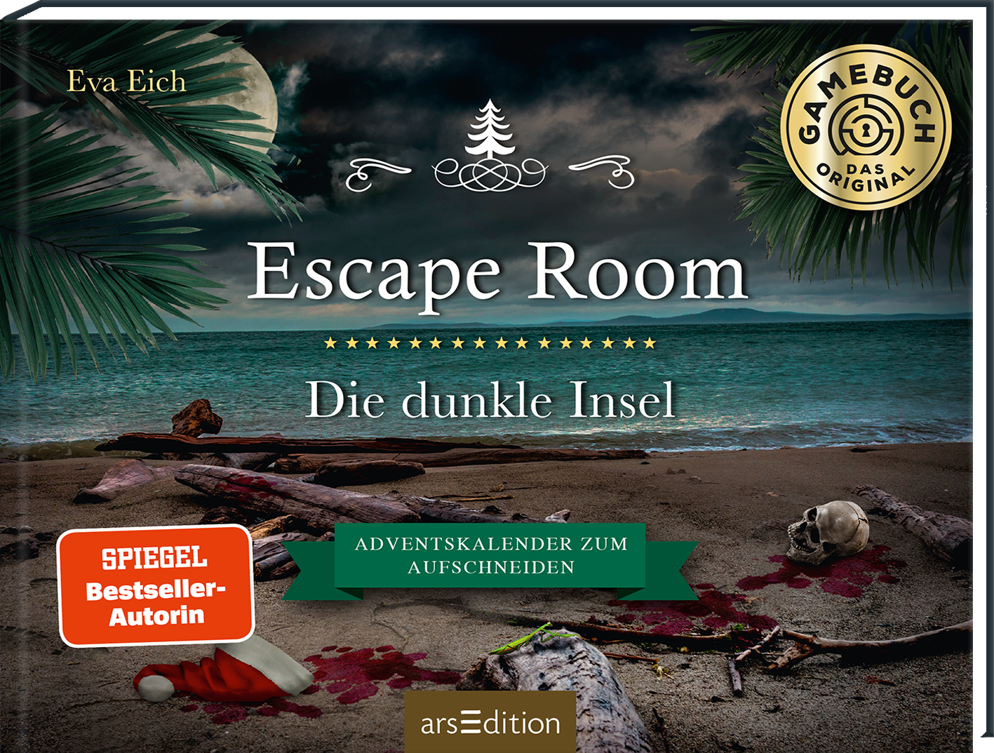 Das Buchcover zeigt eine düstere Strandlandschaft mit tropischen Pflanzen, blutigen Spuren im Sand, einem Totenschädel und einer Nikolausmütze. Der graue Gewitterhimmel vermittelt eine geheimnisvolle Atmosphäre. In großem, prägnantem weißem Schriftzug steht „Escape Room“ über dem Titel „Die dunkle Insel“, der in eleganter Schriftart darunter platziert ist. Links unten befindet sich ein rotes Feld mit dem Text „SPIEGEL Bestseller-Autorin“ sowie ein grünes Banner mit...