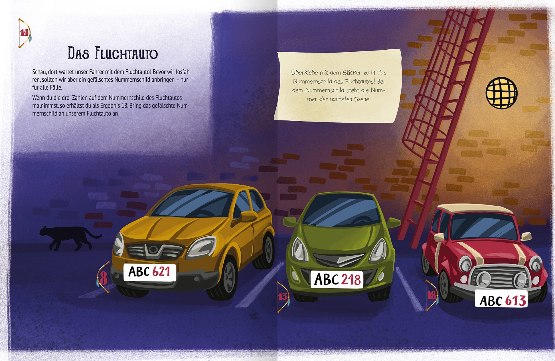 Gezeigt wird eine Innen- oder Zusatzansicht von „Escape-Stickerbuch – Nachts im Museum“. Die Illustration zeigt drei bunte Autos (gelb, grün und rot) vor einer urbanen Kulisse mit einer Ziegelmauer und einer Feuerleiter. Jedes Auto hat eine individuelle Nummerntafel. Der Titel „Das Fluchtauto“ steht in kräftiger, verspielter Schrift über der Szene. Die Farben sind lebhaft und ansprechend, um die Aufmerksamkeit zu fördern und die Inhalte spielerisch zu präsentieren.