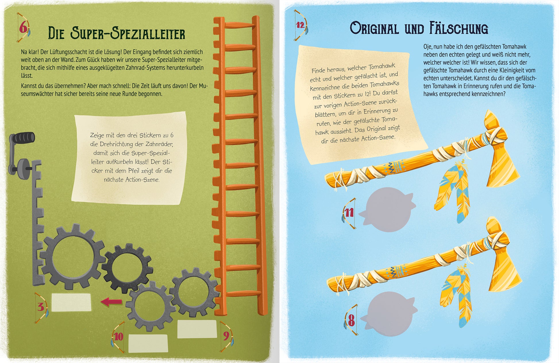 Gezeigt wird eine Innen- oder Zusatzansicht von „Escape-Stickerbuch – Nachts im Museum“. Die linke Seite zeigt eine grüne Hintergrundfarbe mit einer grafischen Darstellung einer roten Leiter und verschiedenen Zahnrädern, umgeben von anschaulichen Illustrationselementen. Die Überschrift „Die Super-Spezialleiter“ ist in einer kindgerechten, verspielten Schriftart gestaltet. Auf der rechten Seite befindet sich eine blaue Fläche mit der Überschrift „Original und Fälschung“, die...