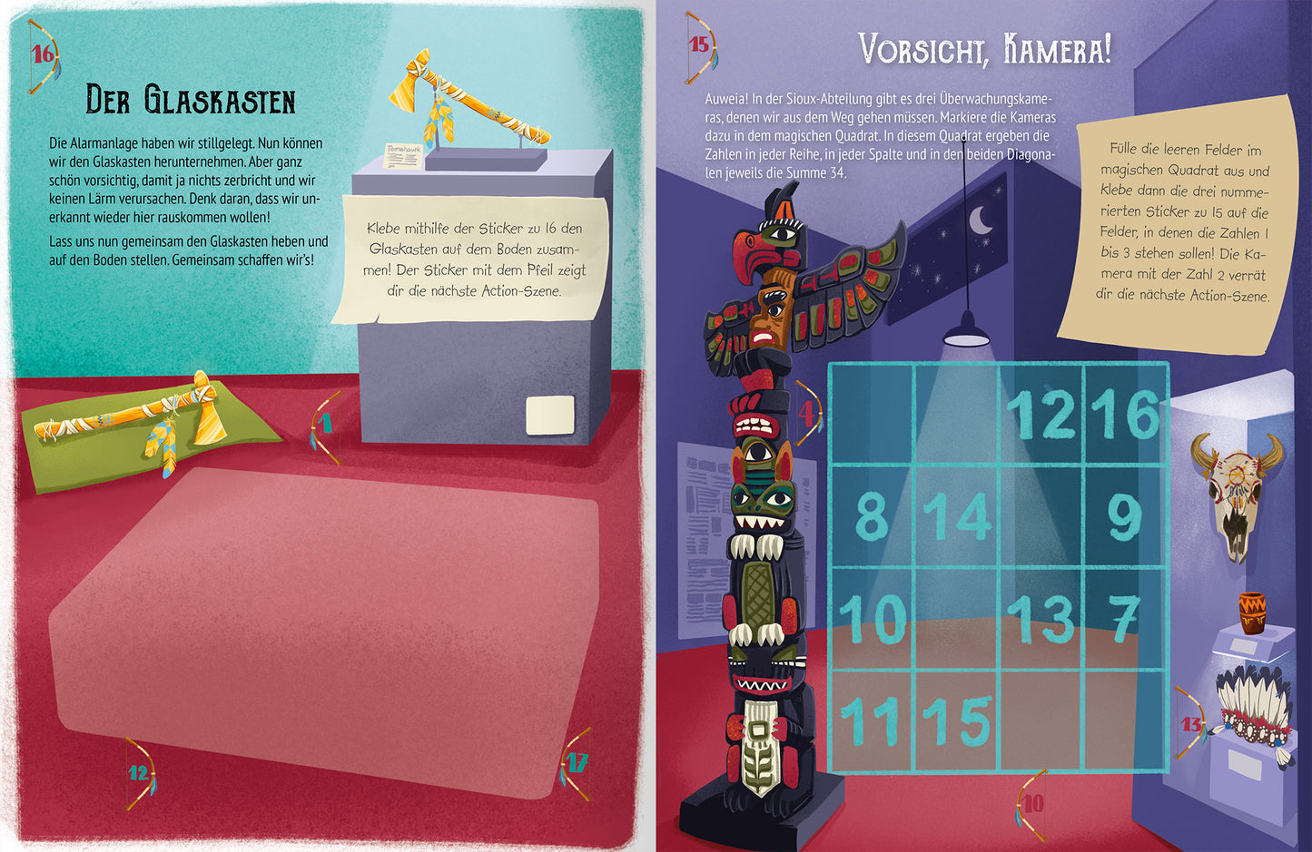 Gezeigt wird eine Innen- oder Zusatzansicht von „Escape-Stickerbuch – Nachts im Museum“. Die linke Seite zeigt einen Glaskasten mit einem Fernrohr und einer beige-weißen Beschriftung auf pastellblauem Hintergrund. Die rechte Seite beinhaltet eine Tafel mit bunten Masken und ein Rätsel in Zahlen. Farbtöne wie Rot, Blau und Gelb dominieren die Illustration. Die Schrift ist in einer klaren, gut lesbaren Typografie gehalten, um die Informationen ansprechend zu präsentieren.