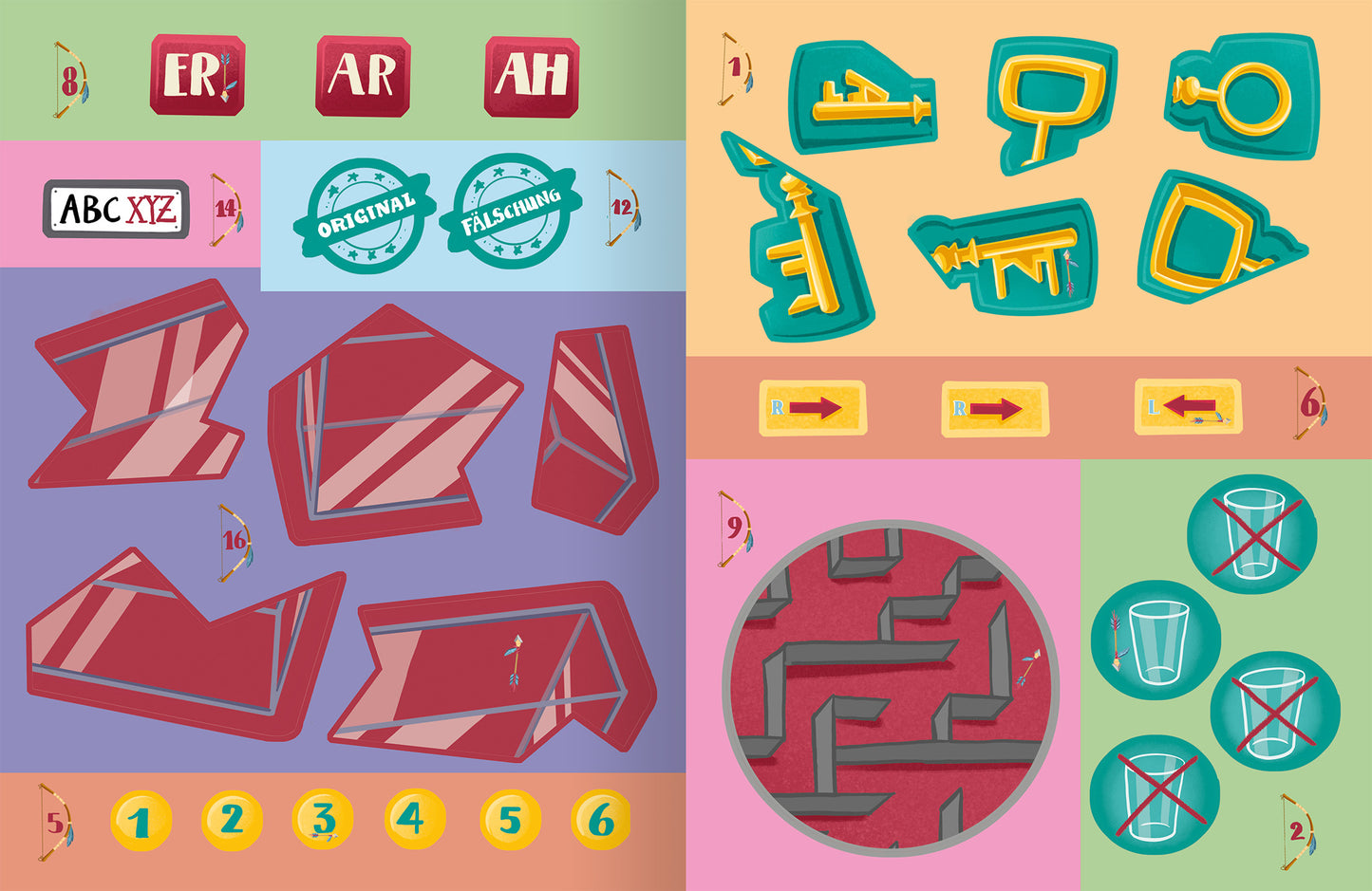 Gezeigt wird eine Innen- oder Zusatzansicht von „Escape-Stickerbuch – Nachts im Museum“. Die Seite ist in leuchtenden Farben gestaltet, vorwiegend in Rot und Gelb, mit grafischen Elementen in Orange und Blau. Sie enthält verschiedene Sticker, darunter geometrische Formen und Objekte, die humorvoll gestaltet sind. Die Typografie umfasst große, klare Schriftzüge für Anweisungen und Kategorien. Zudem sind Symbole für „original“ und „fälschlich“ abgebildet, was den interaktiven...