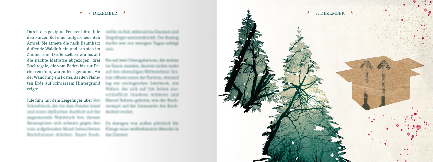 Gezeigt wird eine Innen- oder Zusatzansicht von „Advent, Advent, kein Lichtlein brennt“. Die Doppelseite zeigt auf der linken Seite einen geschwungenen Text in dunkler, gut lesbarer Schrift auf hellen Hintergrund. Auf der rechten Seite sind grüne, silhouettenartige Tannenbäume in verschiedenen Schattierungen abgebildet, die eine winterliche Stimmung erzeugen. Ein brauner Karton mit einem minimalistischen Design ergänzt die illustration und wird durch rote Spritzer hervorgehoben. Die...