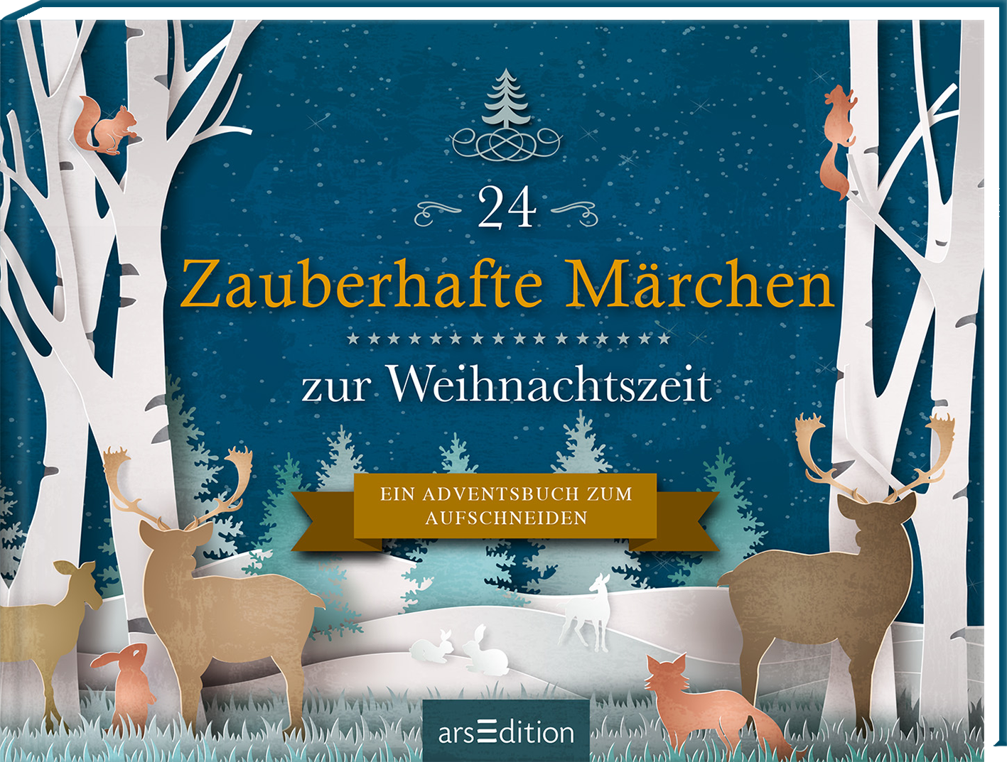 Das Buchcover zeigt eine winterliche Waldszene mit schneebedeckten Bäumen und stilisierten Tieren wie Rehen und Füchsen. Der Himmel ist in einem tiefen Blau gestaltet, was eine gemütliche Atmosphäre erzeugt. Der Titel „24 Zauberhafte Märchen“ ist in eleganter, goldener Schrift zentral platziert, während darunter der Untertitel „zur Weihnachtszeit“ in weißen Buchstaben erscheint. Ein goldener Banner trägt den Text „Ein Adventsbuch zum Aufschneiden“. Ganz unten mittig steht...